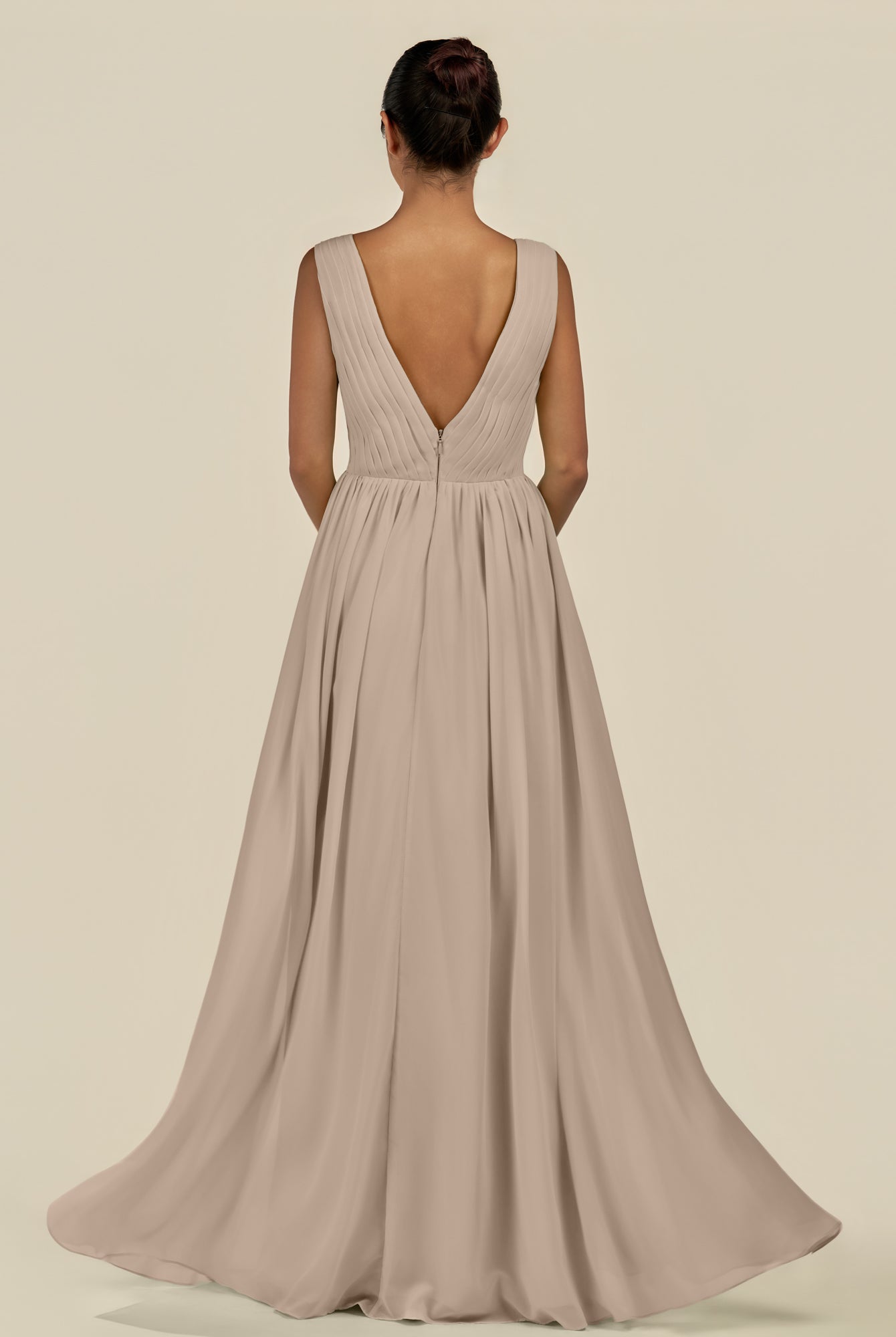 KissDress-Daryel Almond A Line Chiffon V Neck Pleated Long Bridesmaid Dress