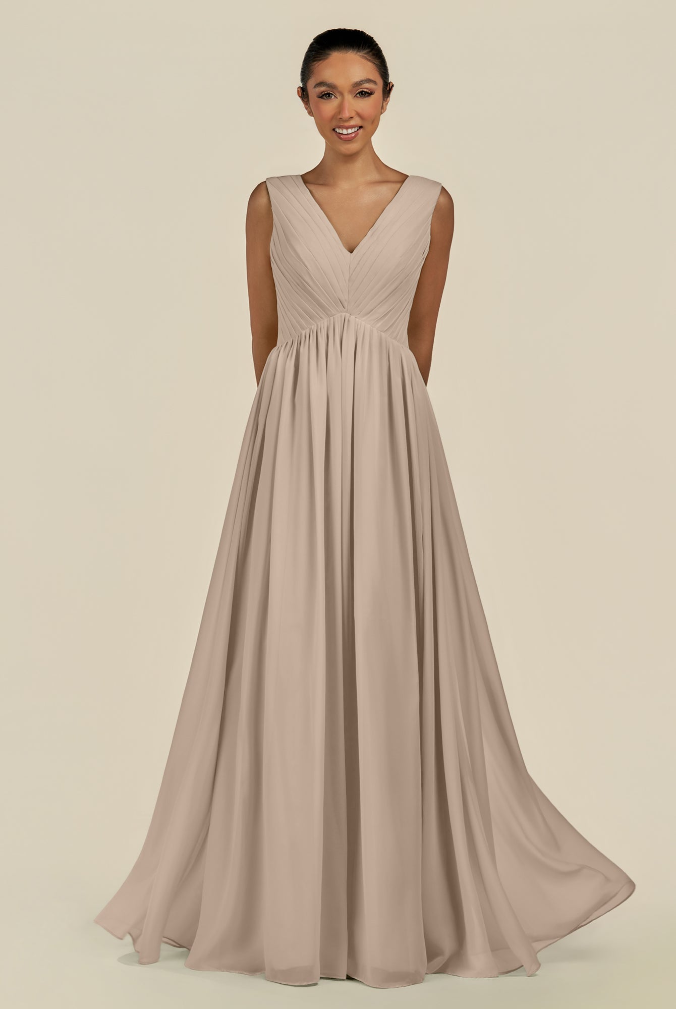 KissDress-Daryel Almond A Line Chiffon V Neck Pleated Long Bridesmaid Dress