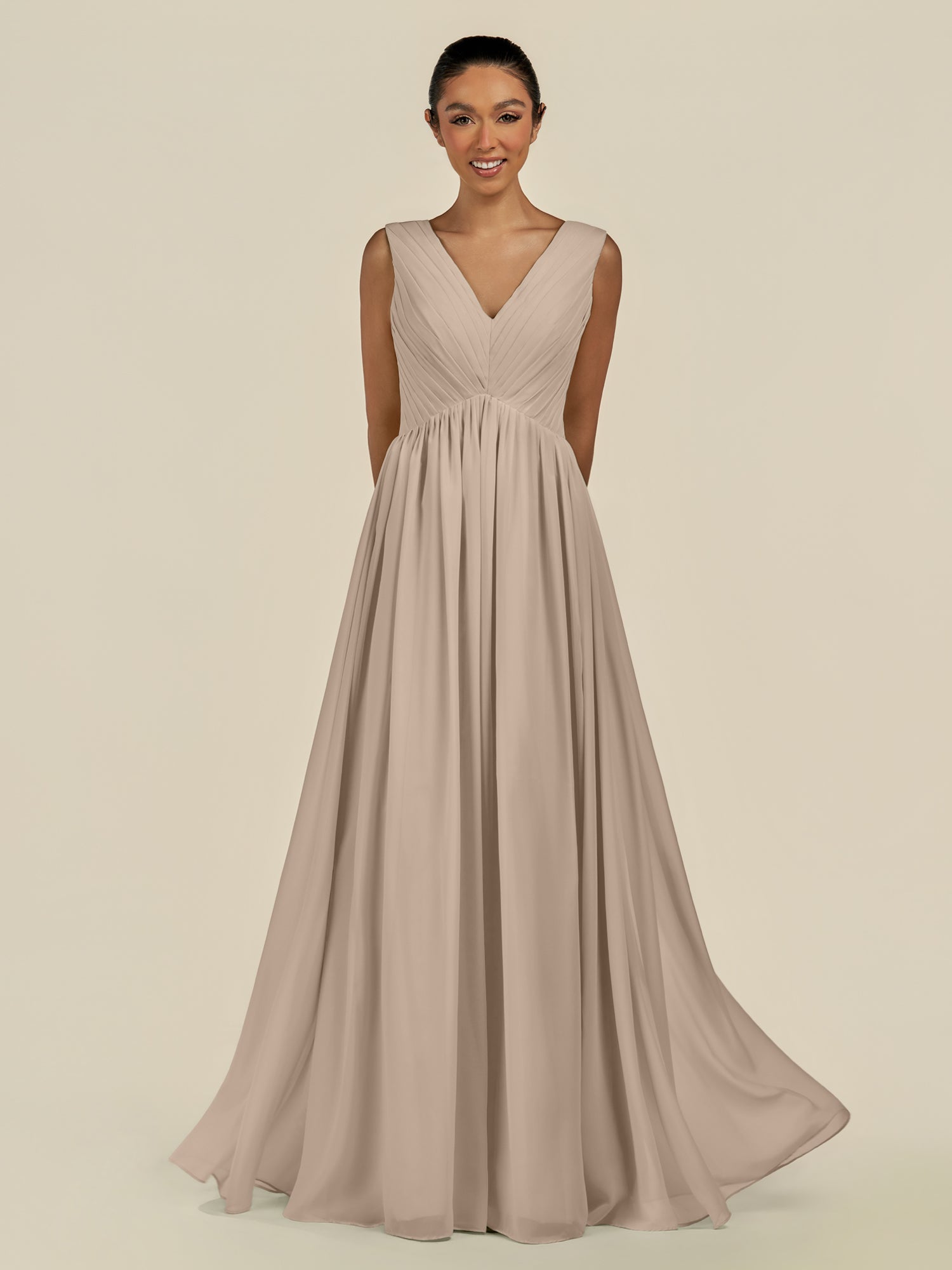 KissDress-Daryel Almond A Line Chiffon V Neck Pleated Long Bridesmaid Dress