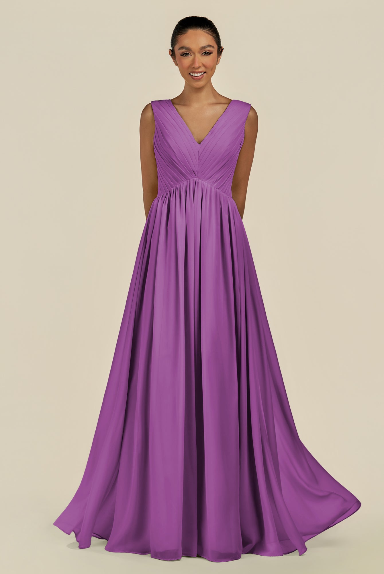 KissDress-Daryel Amethyst A Line Chiffon V Neck Pleated Long Bridesmaid Dress