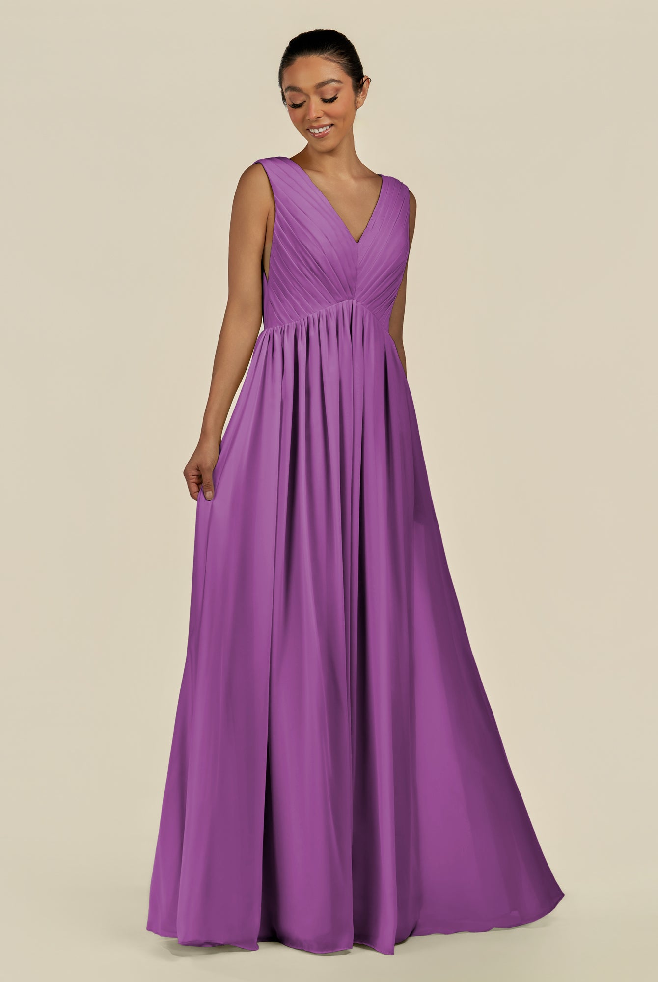 KissDress-Daryel Amethyst A Line Chiffon V Neck Pleated Long Bridesmaid Dress