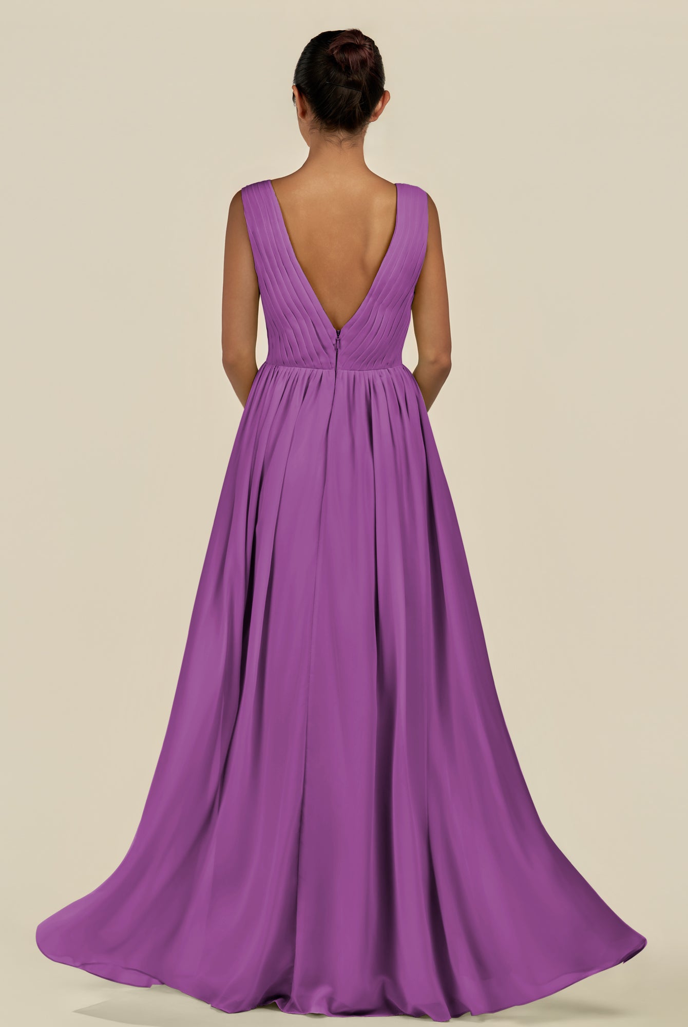 KissDress-Daryel Amethyst A Line Chiffon V Neck Pleated Long Bridesmaid Dress