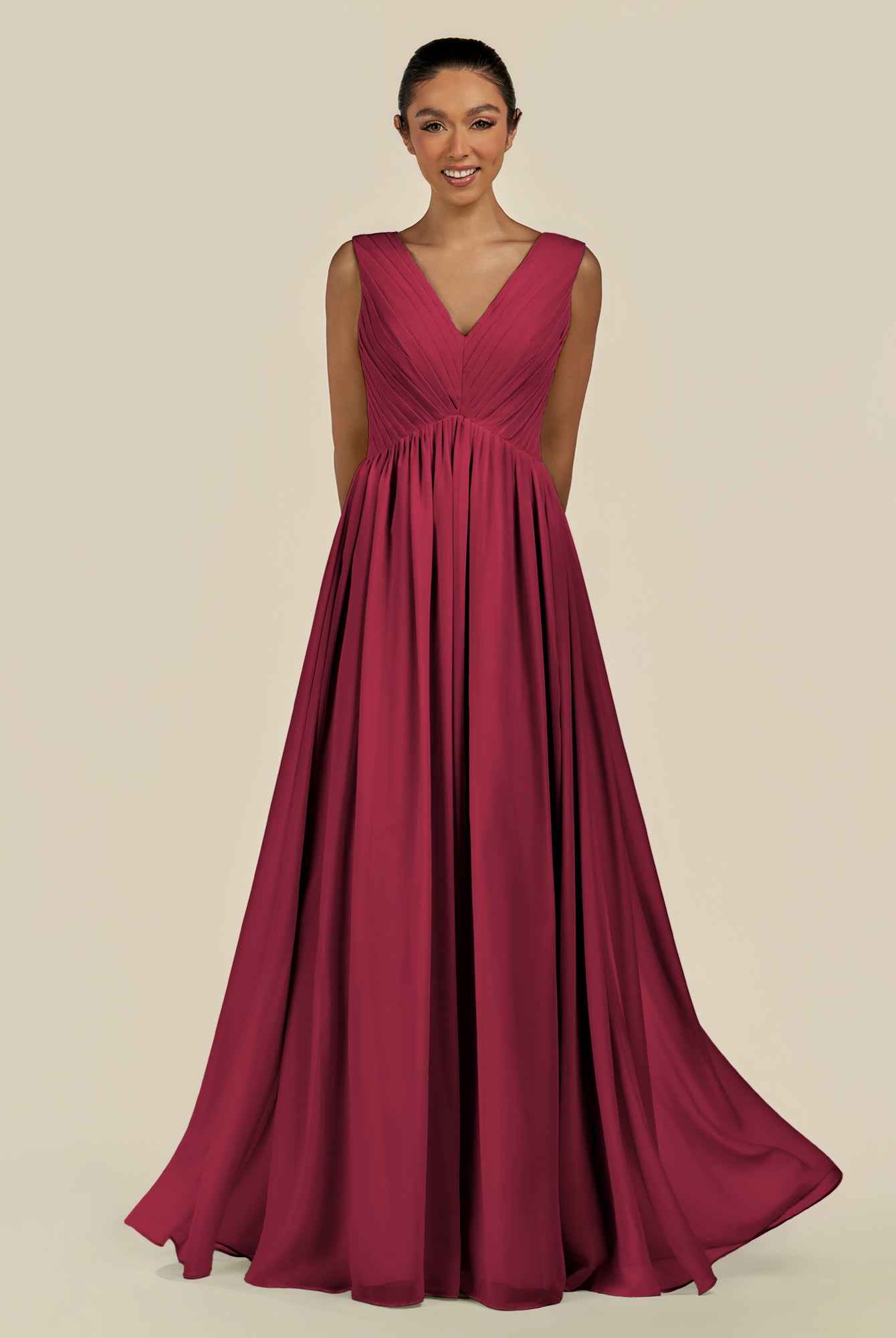 KissDress-Daryel Berry A Line Chiffon V Neck Pleated Long Bridesmaid Dress