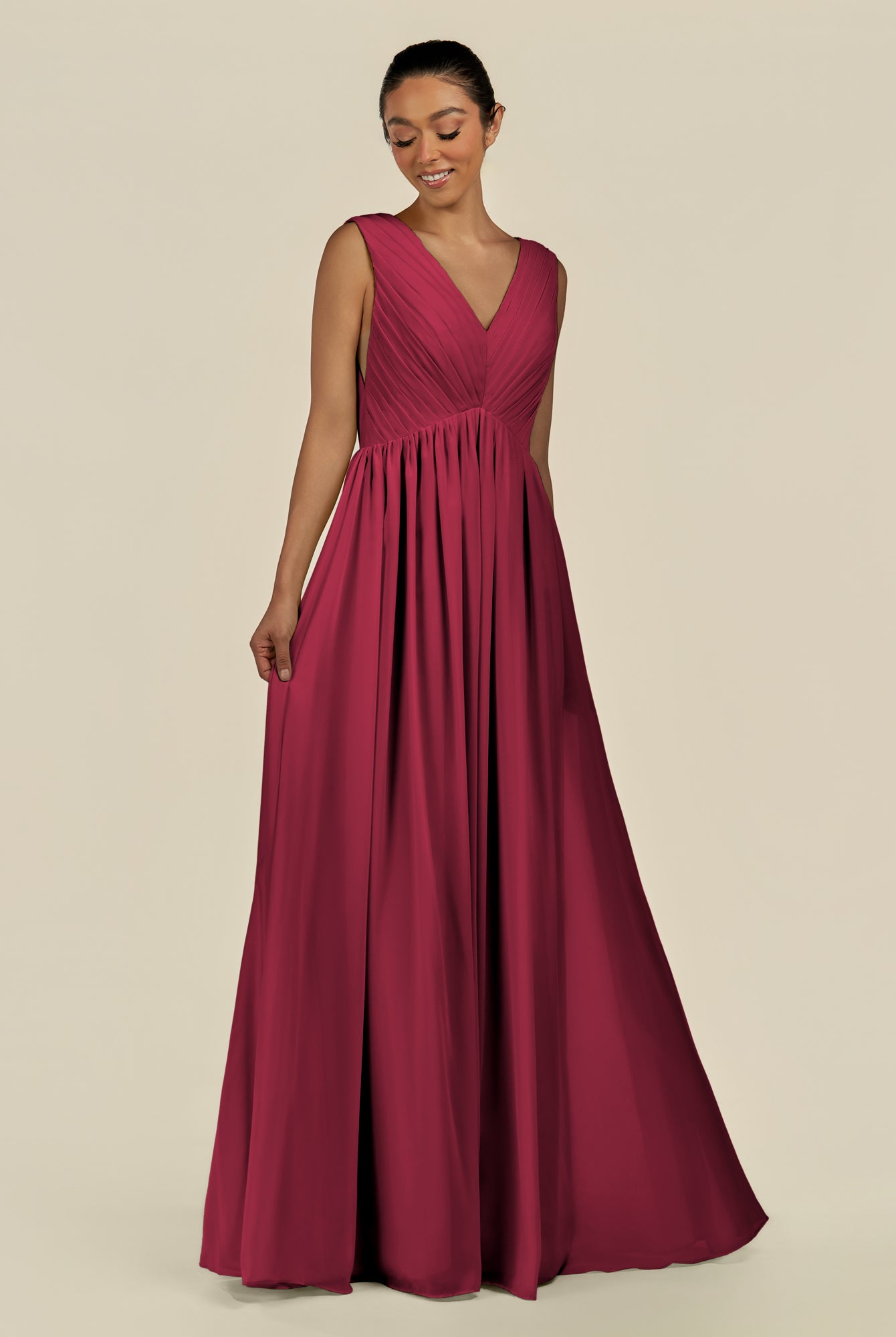 KissDress-Daryel Berry A Line Chiffon V Neck Pleated Long Bridesmaid Dress