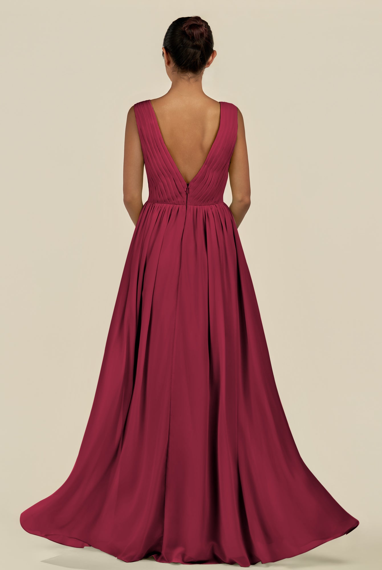 KissDress-Daryel Berry A Line Chiffon V Neck Pleated Long Bridesmaid Dress