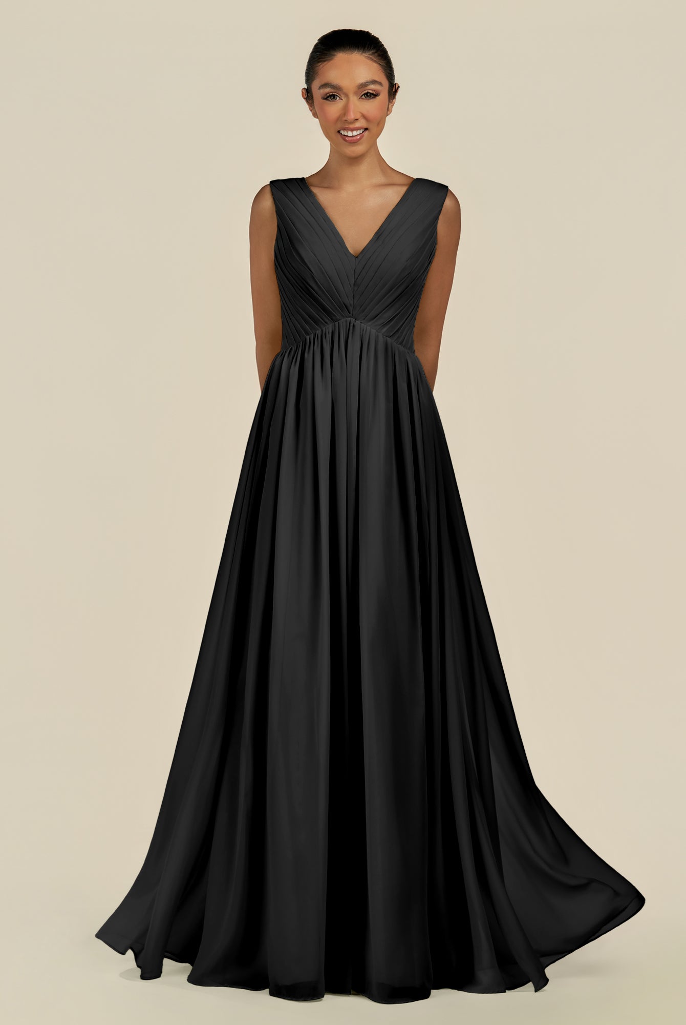 KissDress-Daryel Black A Line Chiffon V Neck Pleated Long Bridesmaid Dress