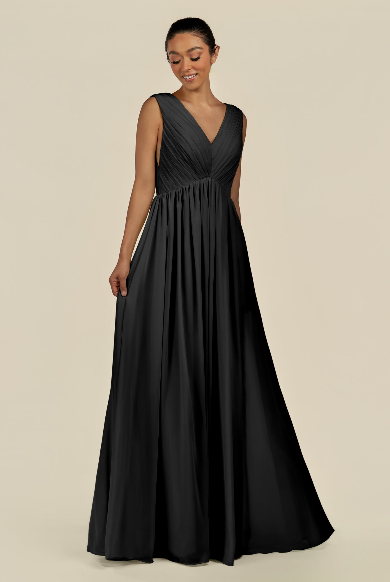 KissDress-Daryel Black A Line Chiffon V Neck Pleated Long Bridesmaid Dress