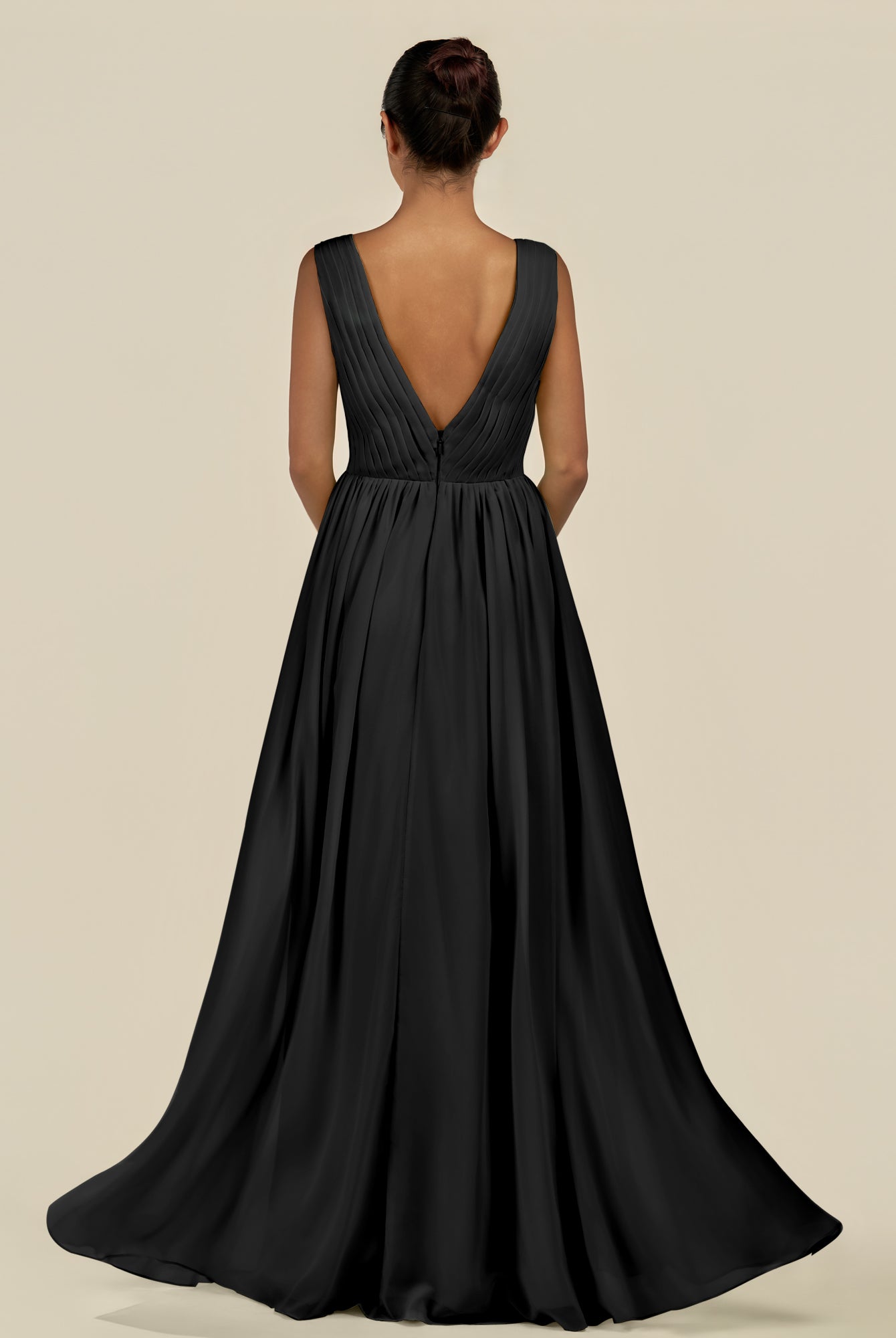 KissDress-Daryel Black A Line Chiffon V Neck Pleated Long Bridesmaid Dress