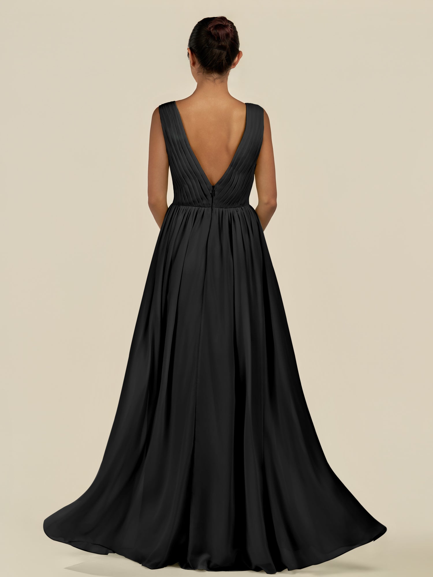 KissDress-Daryel Black A Line Chiffon V Neck Pleated Long Bridesmaid Dress