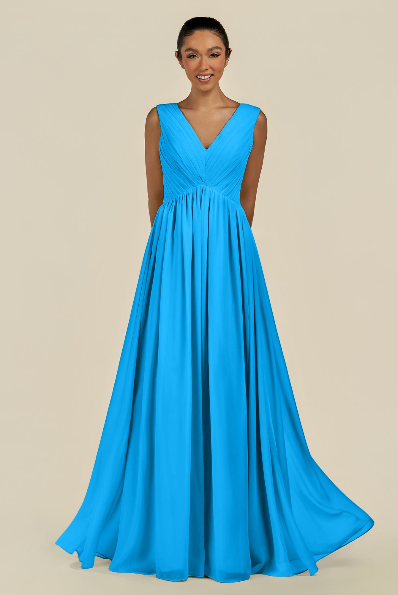 KissDress-Daryel Blue Jay A Line Chiffon V Neck Pleated Long Bridesmaid Dress