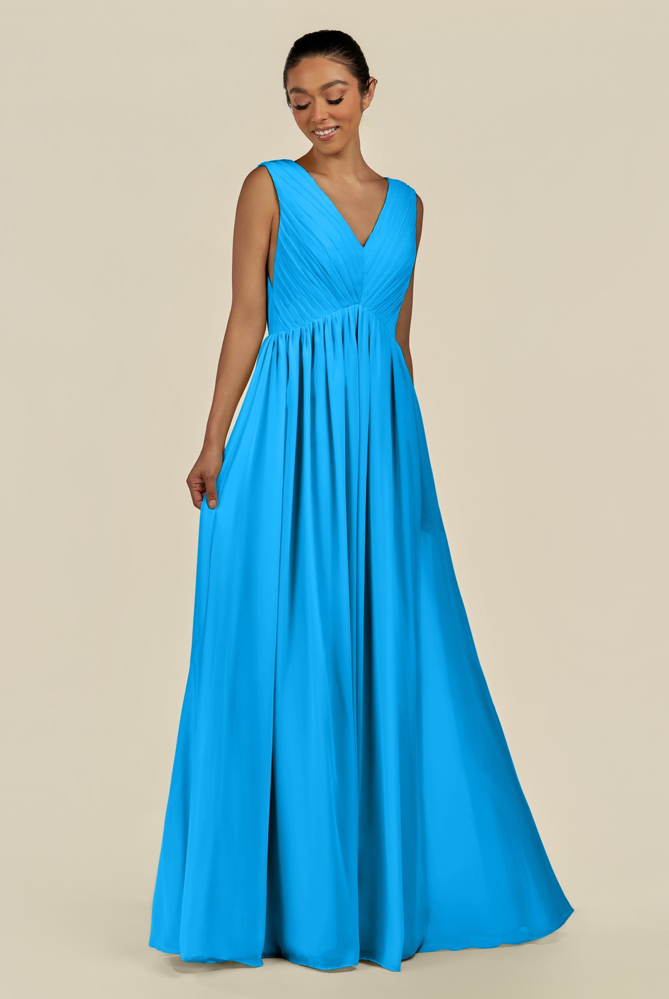 KissDress-Daryel Blue Jay A Line Chiffon V Neck Pleated Long Bridesmaid Dress