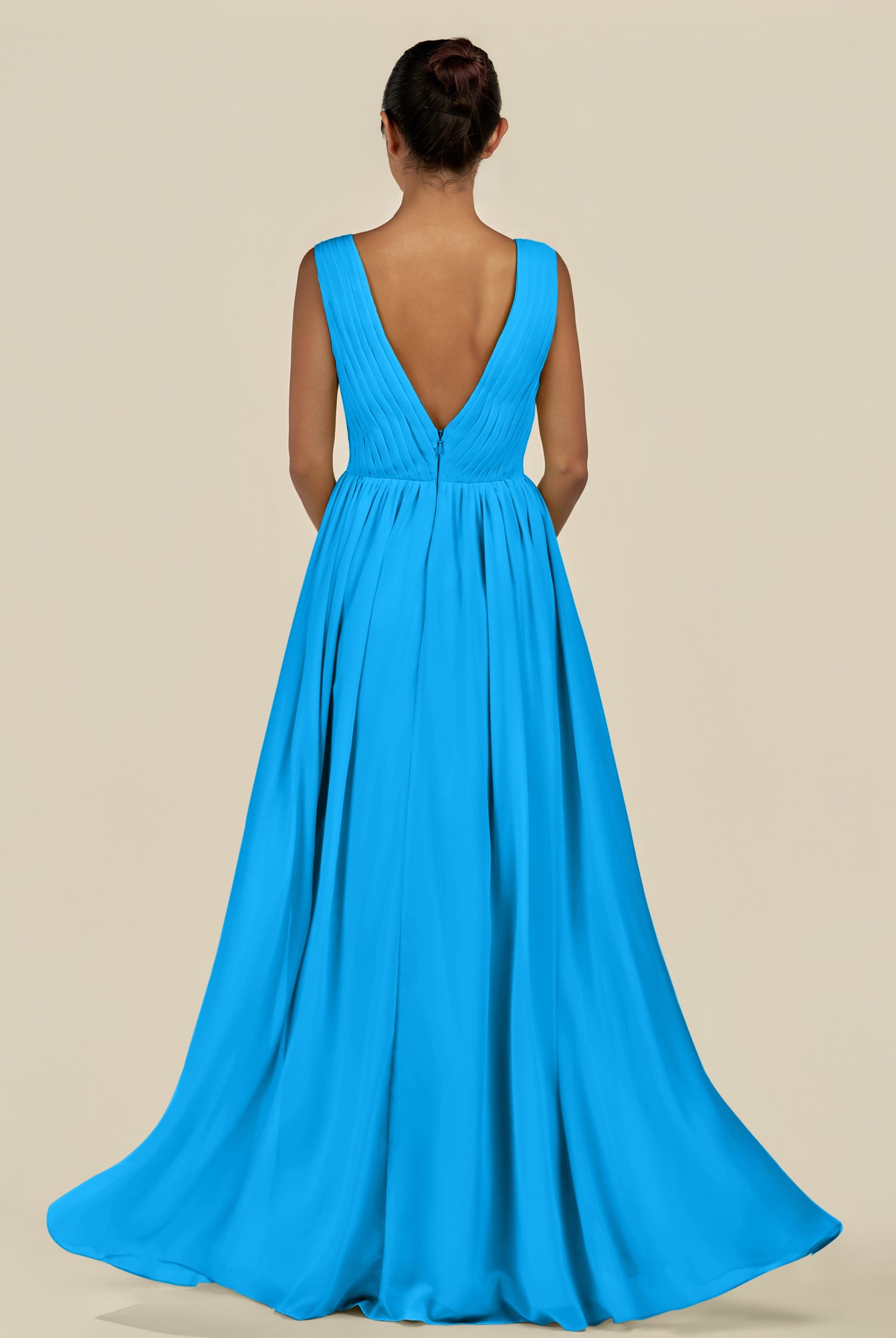 KissDress-Daryel Blue Jay A Line Chiffon V Neck Pleated Long Bridesmaid Dress