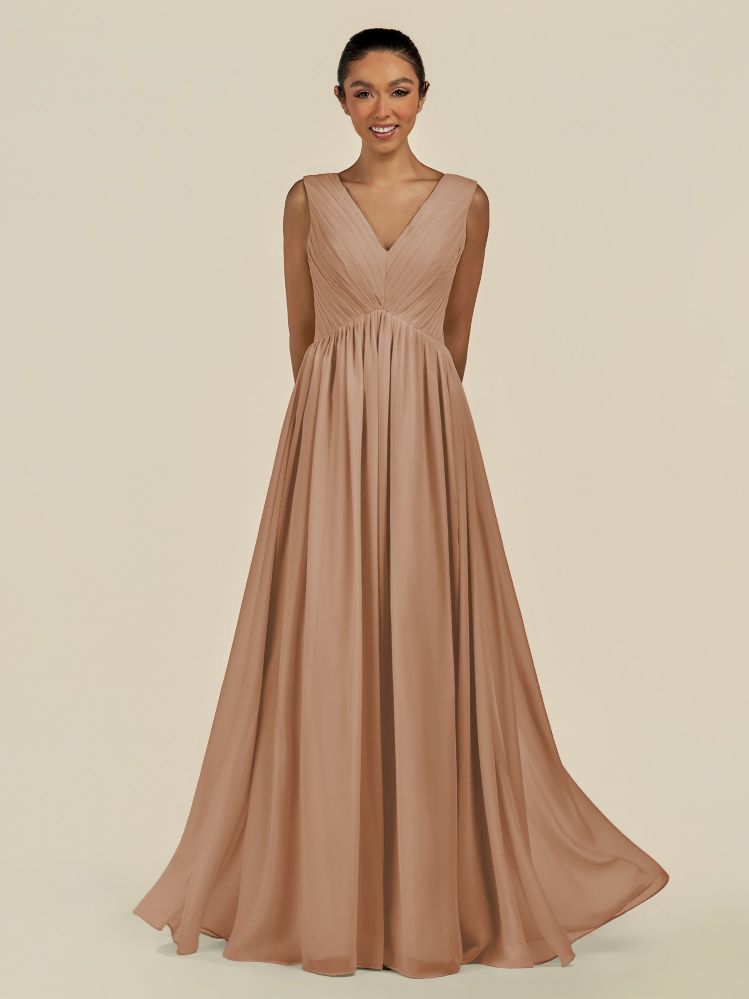 KissDress-Daryel Bronzer A Line Chiffon V Neck Pleated Long Bridesmaid Dress