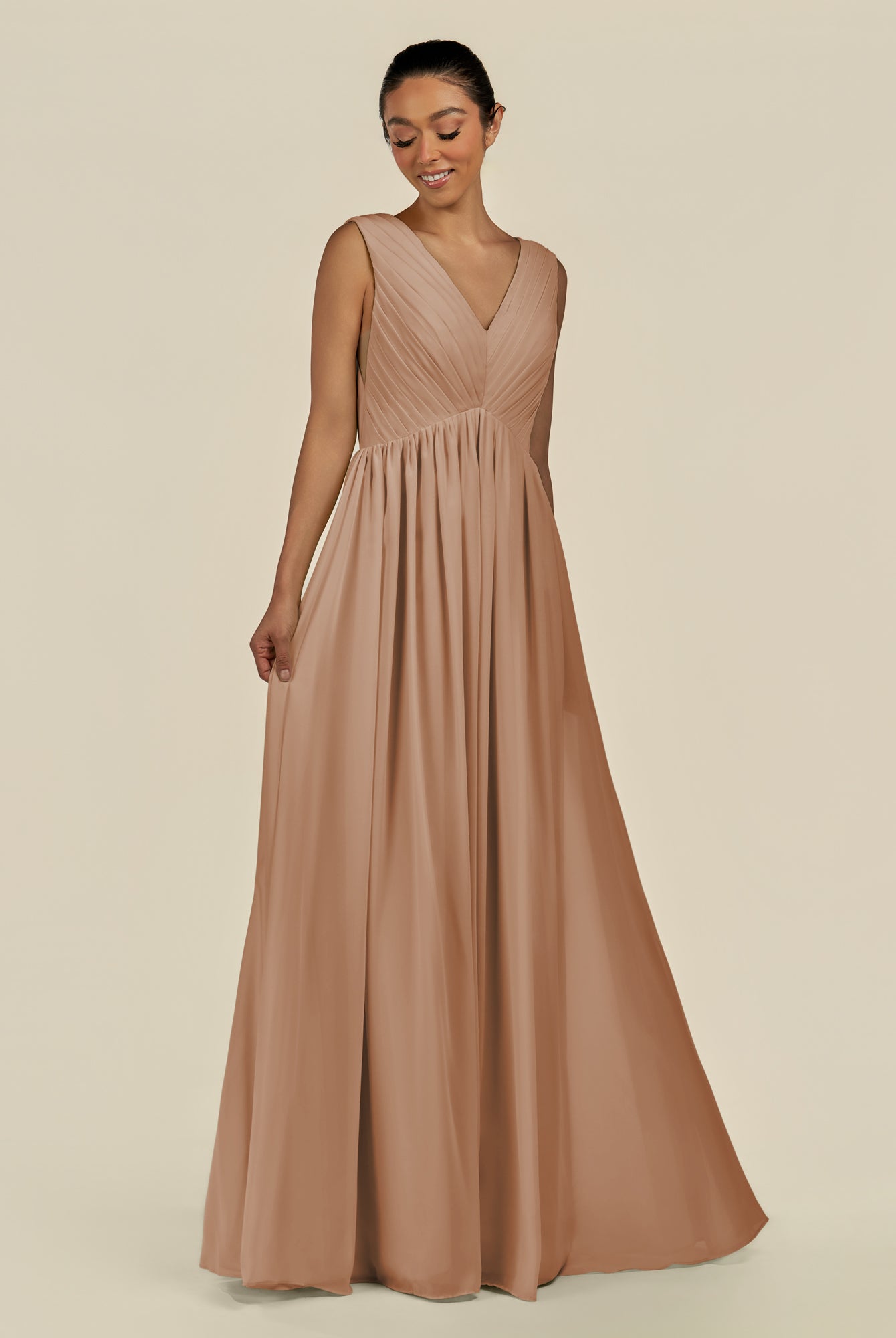 KissDress-Daryel Bronzer A Line Chiffon V Neck Pleated Long Bridesmaid Dress