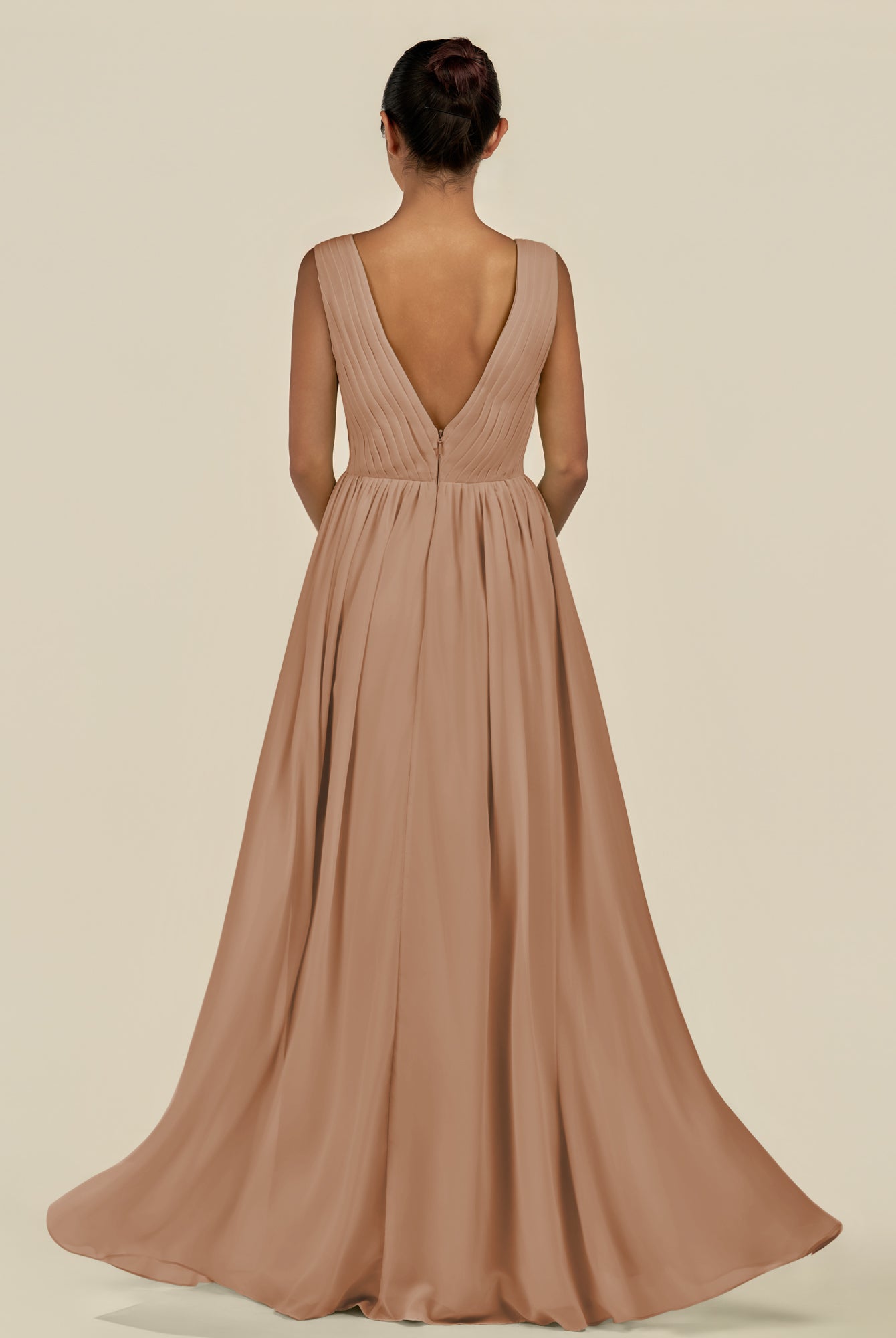 KissDress-Daryel Bronzer A Line Chiffon V Neck Pleated Long Bridesmaid Dress