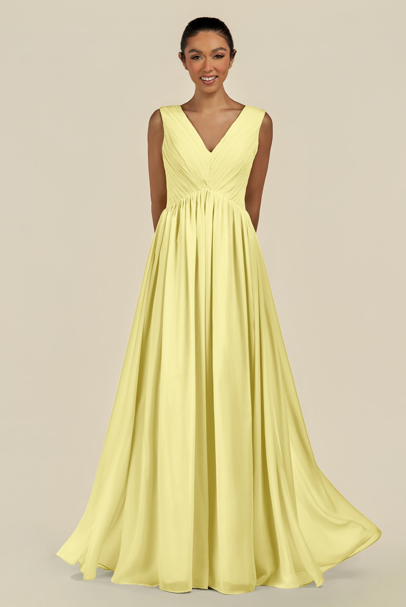 KissDress-Daryel Buttercup A Line Chiffon V Neck Pleated Long Bridesmaid Dress