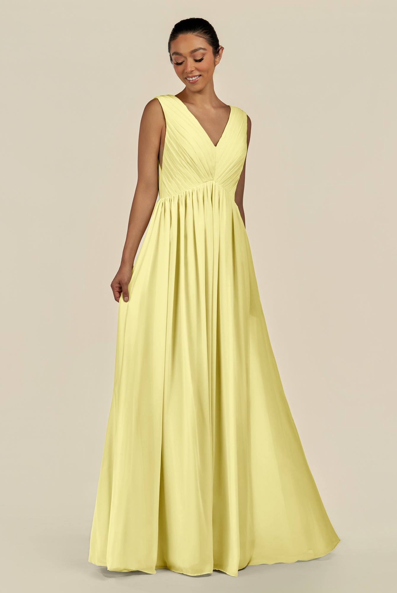 KissDress-Daryel Buttercup A Line Chiffon V Neck Pleated Long Bridesmaid Dress