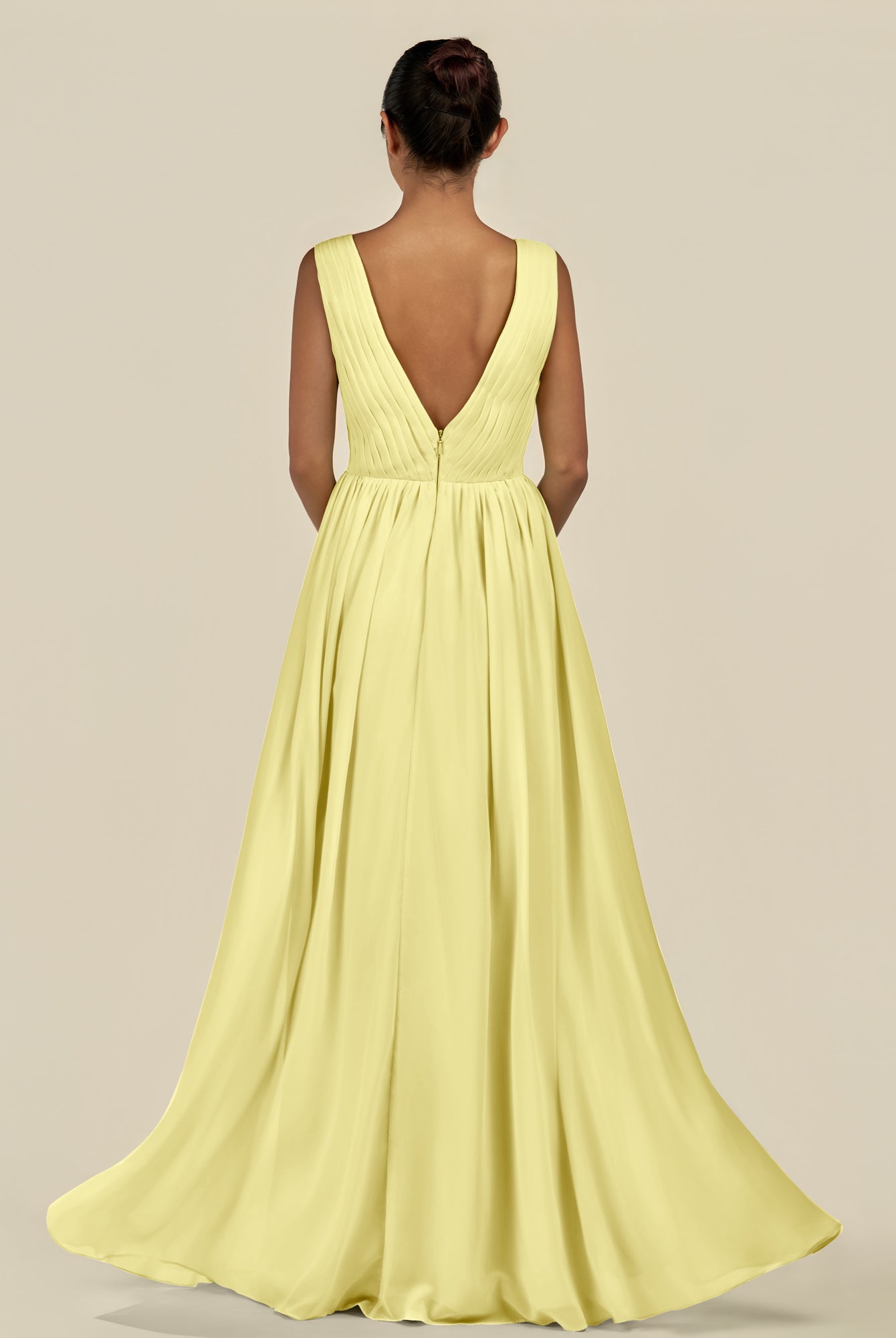 KissDress-Daryel Buttercup A Line Chiffon V Neck Pleated Long Bridesmaid Dress