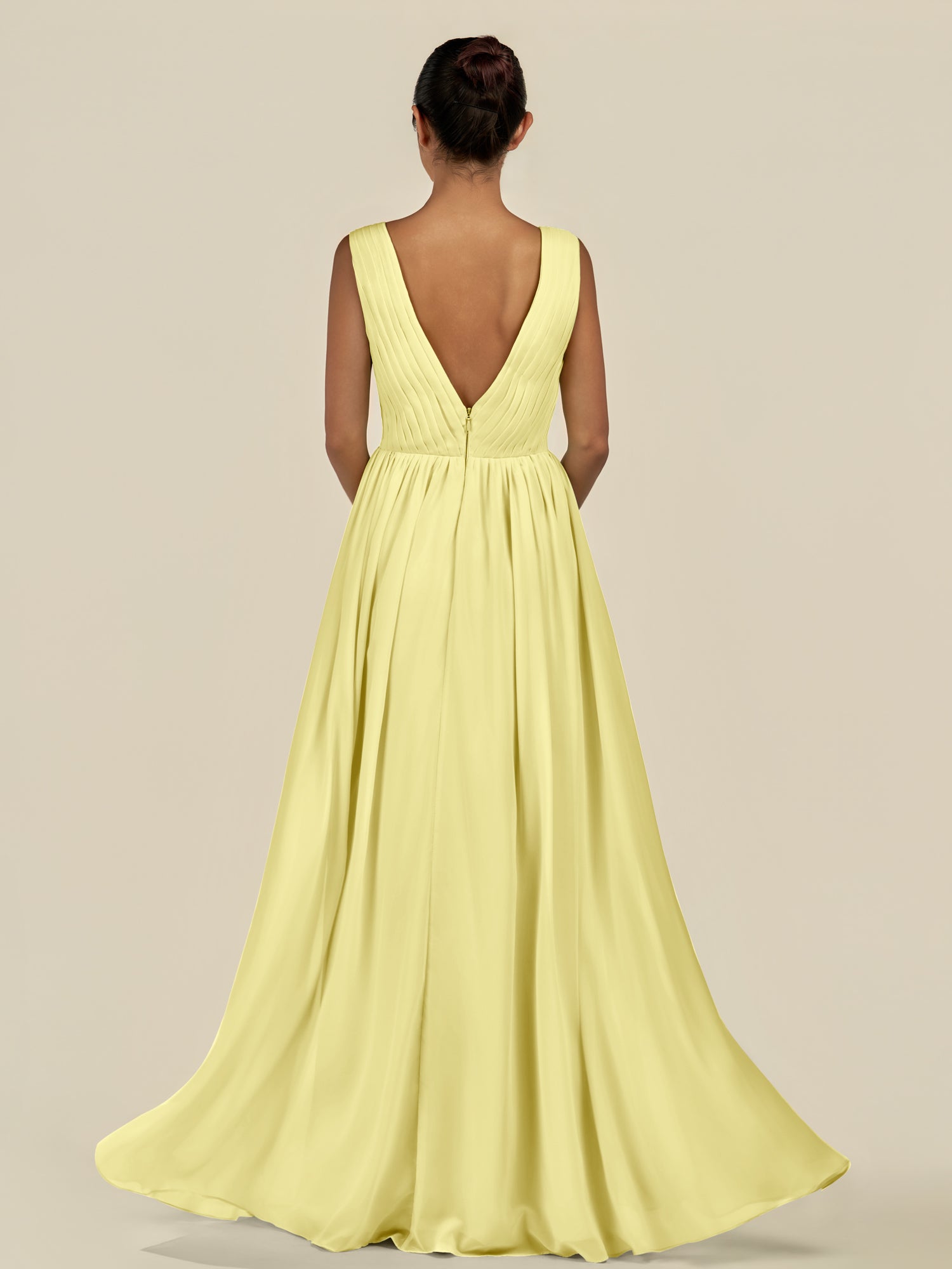 KissDress-Daryel Buttercup A Line Chiffon V Neck Pleated Long Bridesmaid Dress