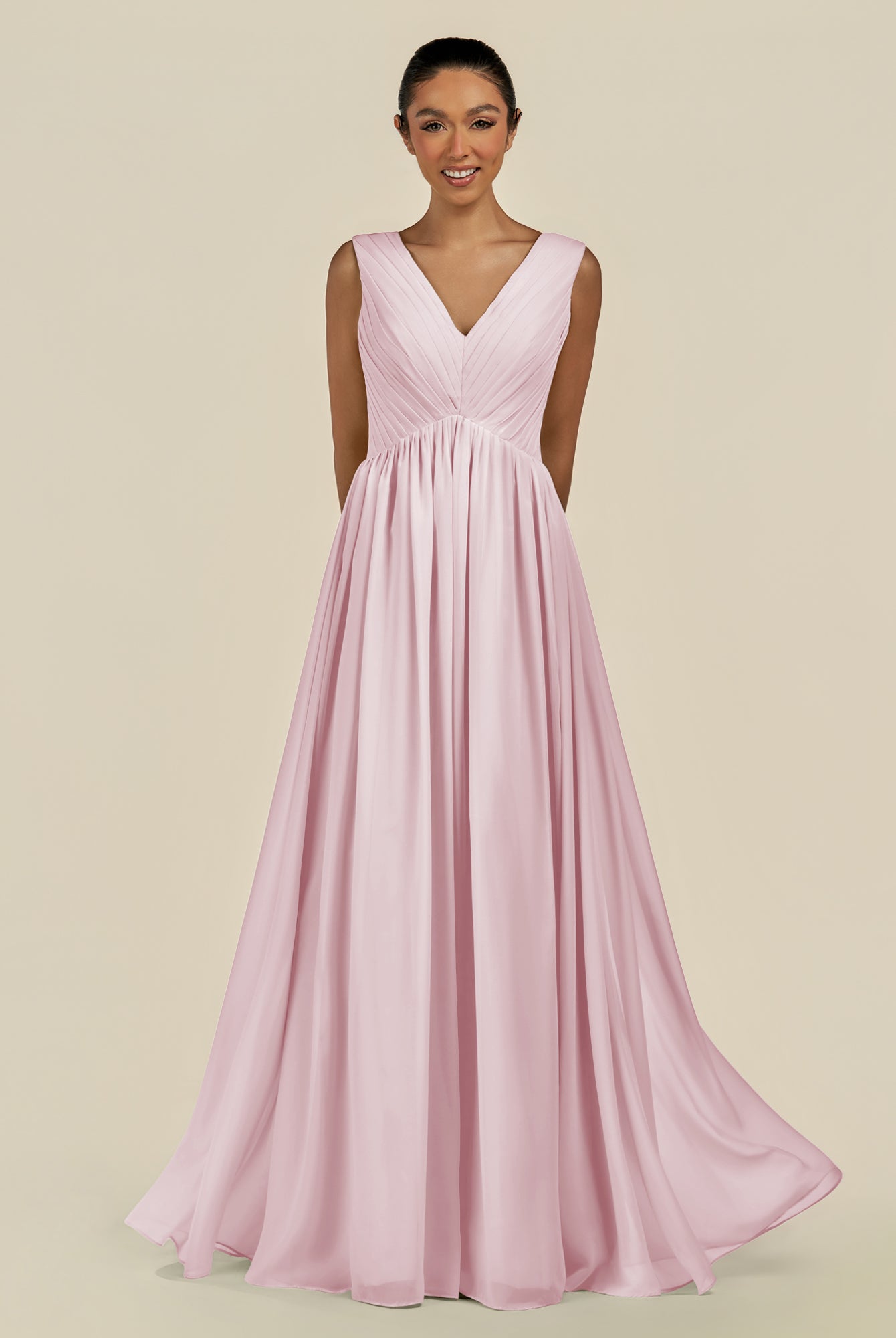 KissDress-Daryel Candy Pink A Line Chiffon V Neck Pleated Long Bridesmaid Dress