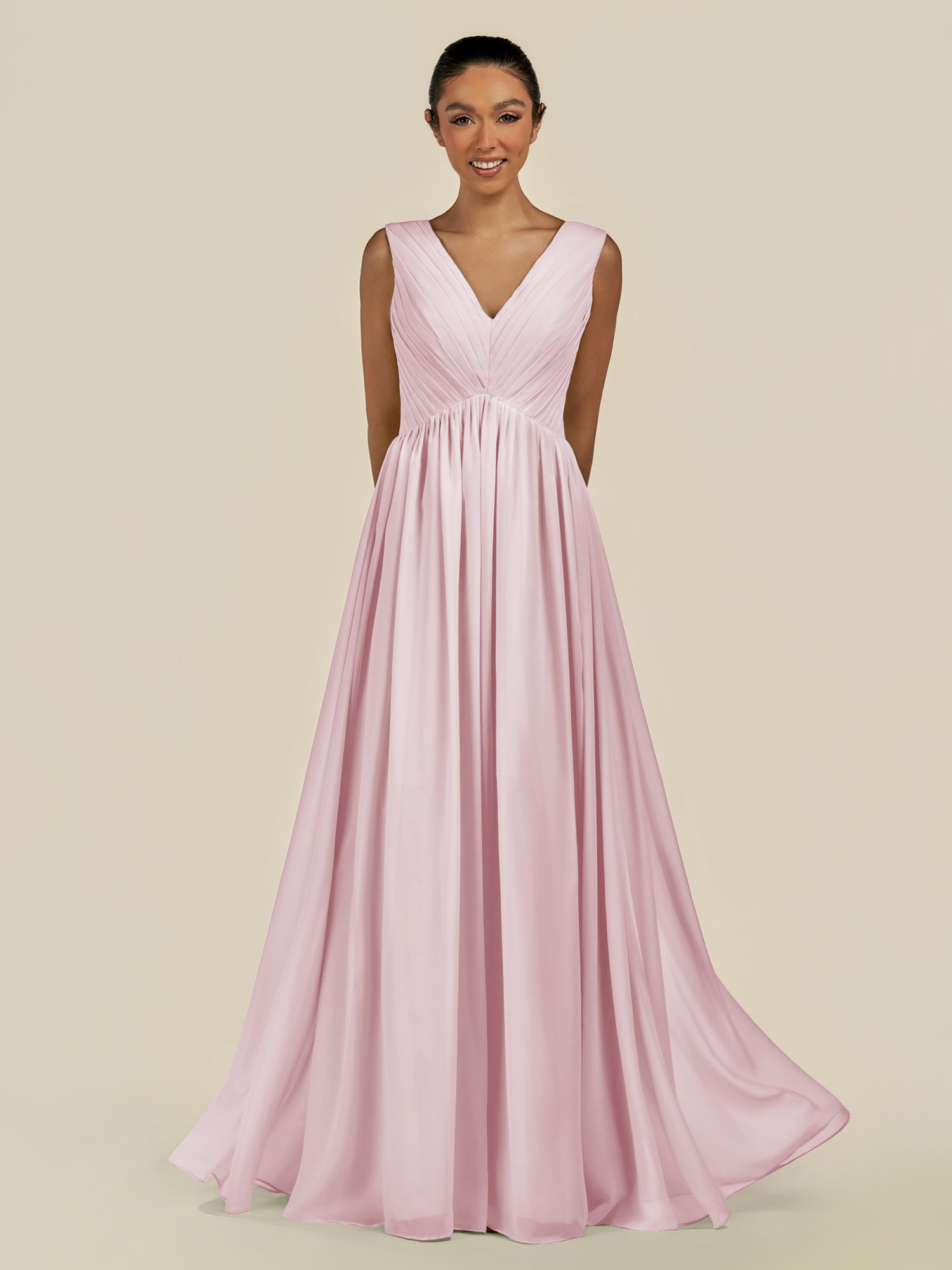 KissDress-Daryel Candy Pink A Line Chiffon V Neck Pleated Long Bridesmaid Dress