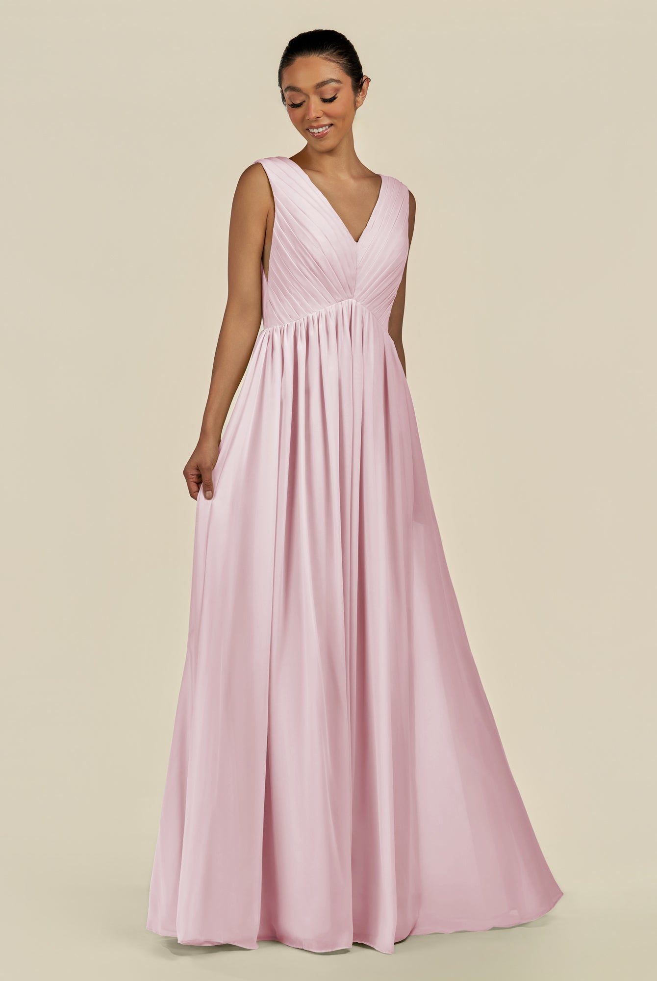 KissDress-Daryel Candy Pink A Line Chiffon V Neck Pleated Long Bridesmaid Dress