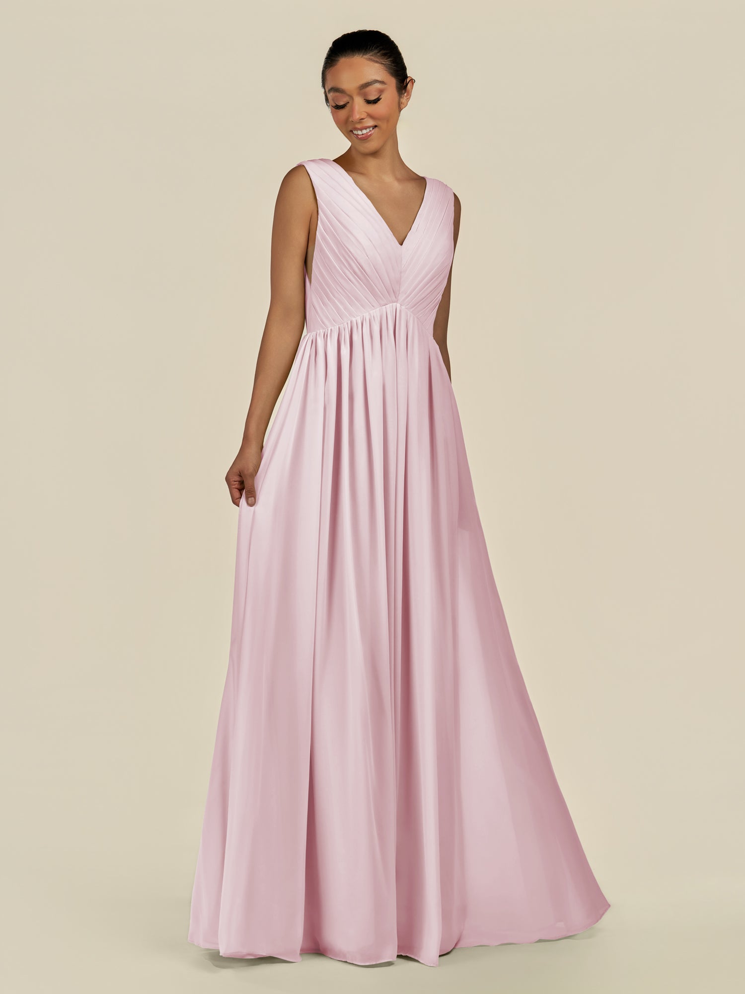 KissDress-Daryel Candy Pink A Line Chiffon V Neck Pleated Long Bridesmaid Dress