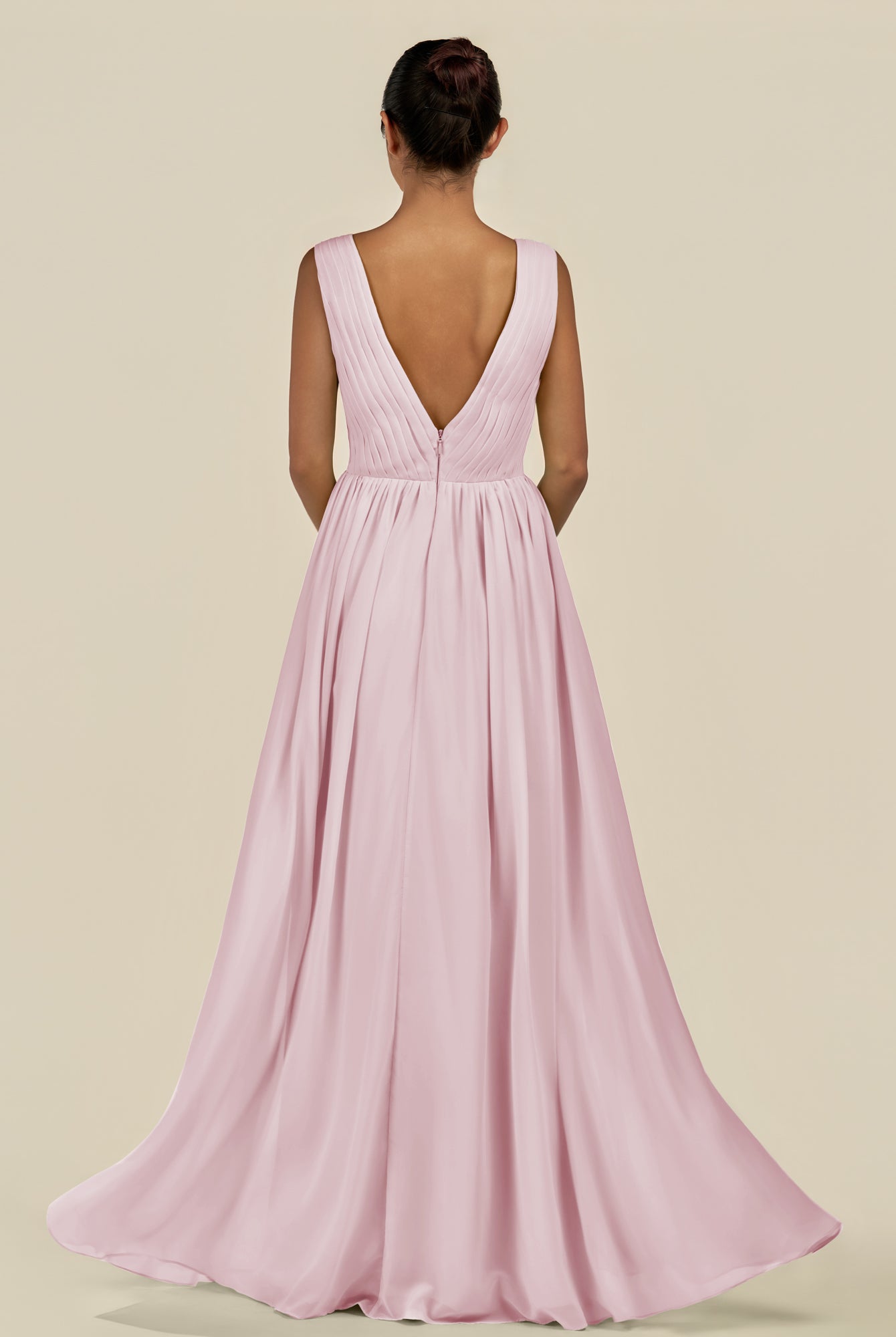 KissDress-Daryel Candy Pink A Line Chiffon V Neck Pleated Long Bridesmaid Dress