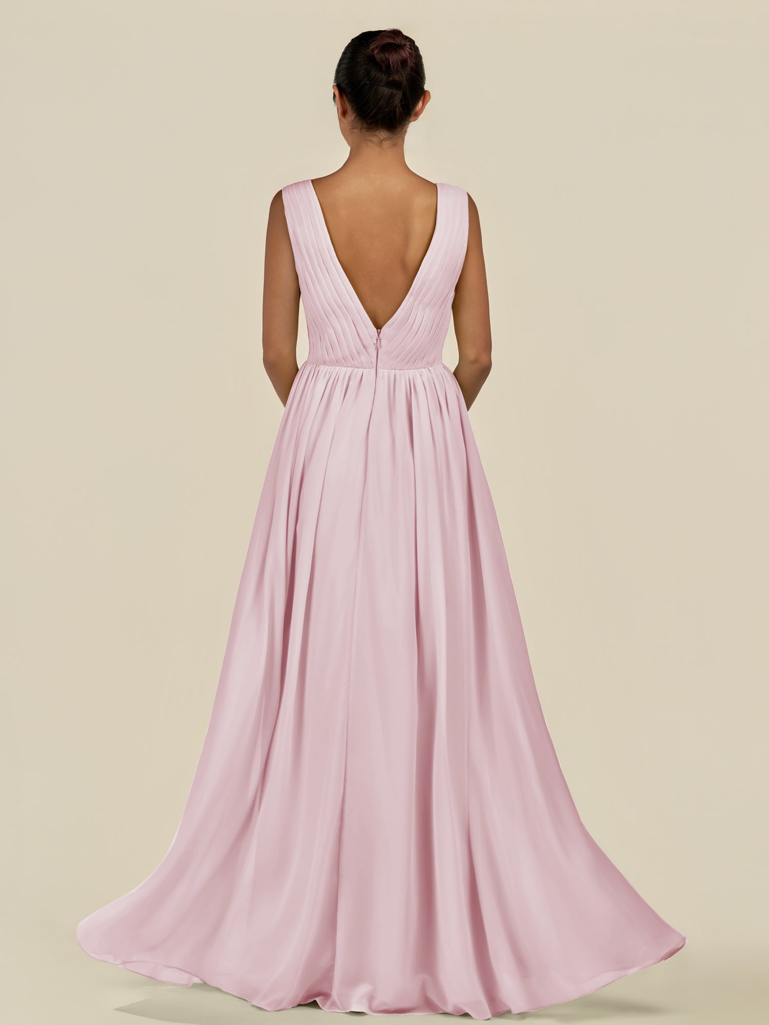 KissDress-Daryel Candy Pink A Line Chiffon V Neck Pleated Long Bridesmaid Dress
