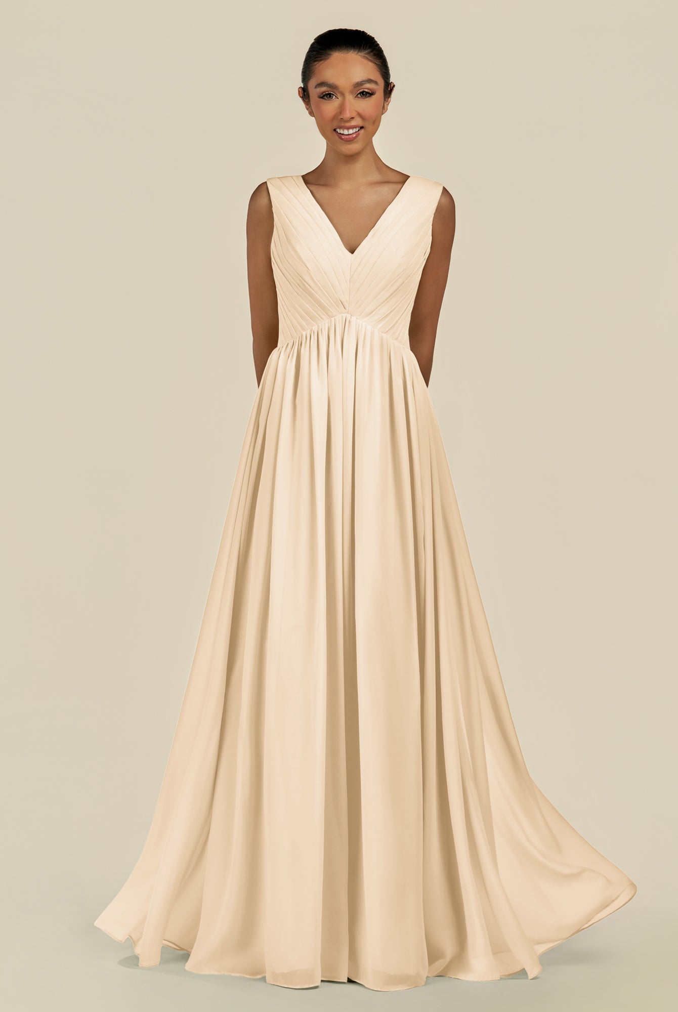 KissDress-Daryel Champagne A Line Chiffon V Neck Pleated Long Bridesmaid Dress