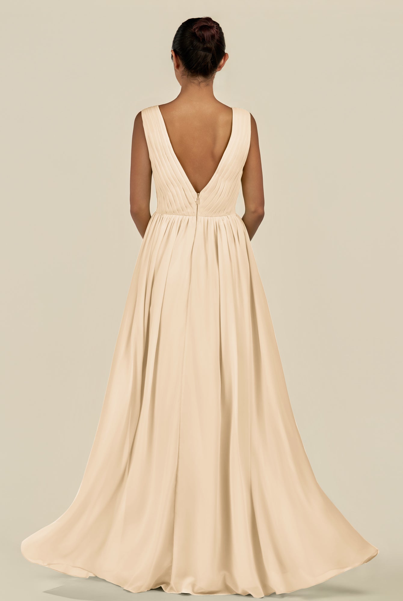 KissDress-Daryel Champagne A Line Chiffon V Neck Pleated Long Bridesmaid Dress