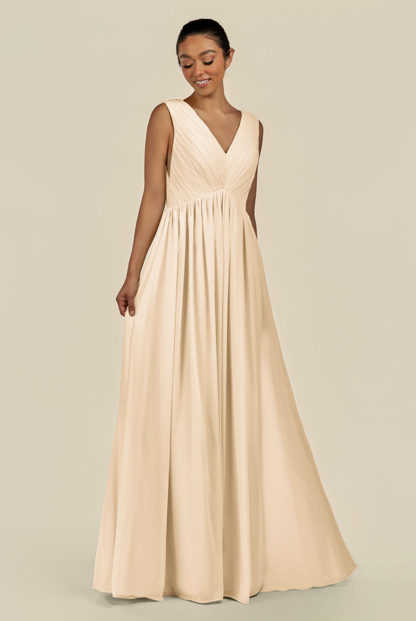 KissDress-Daryel Champagne A Line Chiffon V Neck Pleated Long Bridesmaid Dress