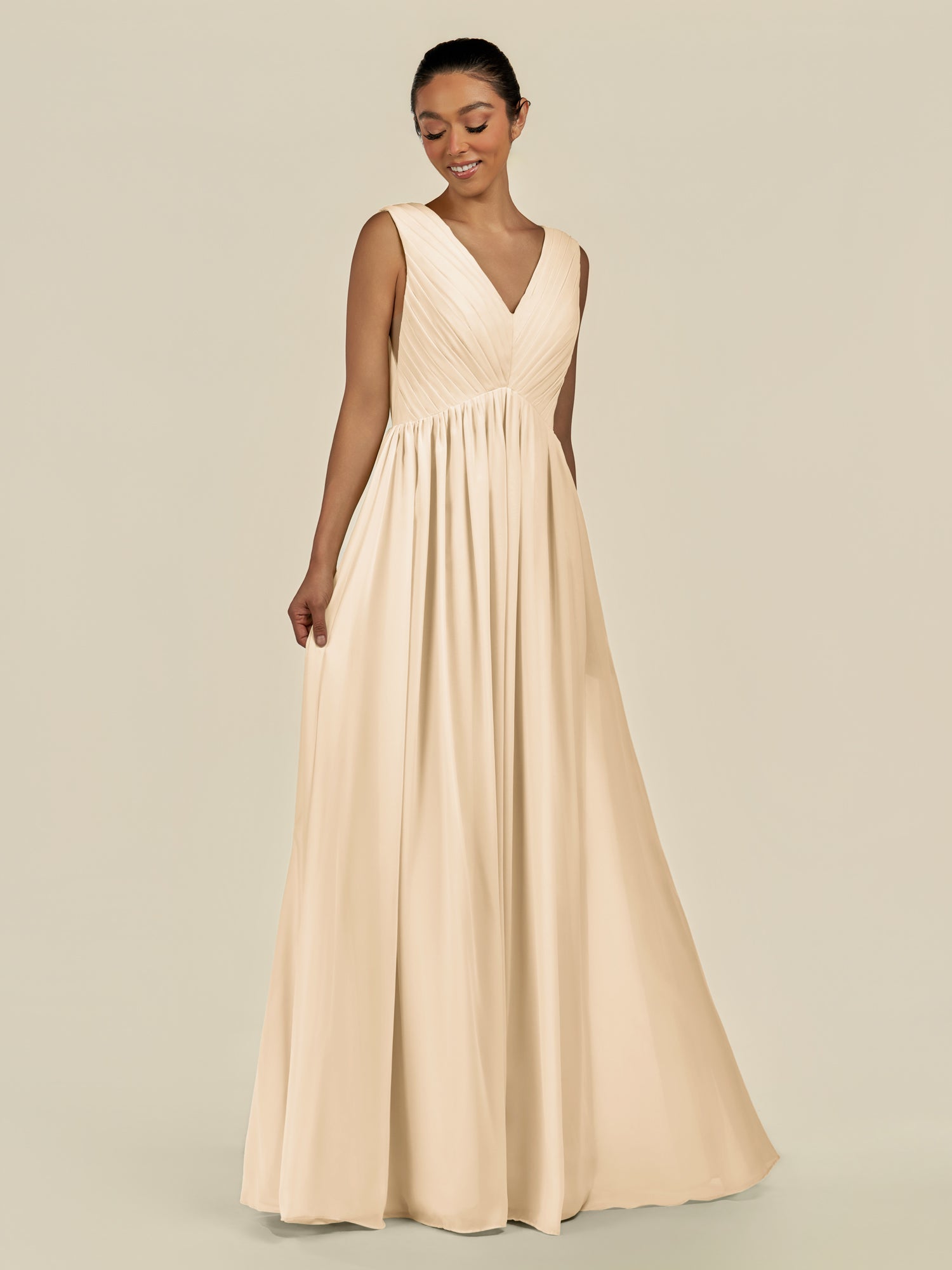 KissDress-Daryel Champagne A Line Chiffon V Neck Pleated Long Bridesmaid Dress