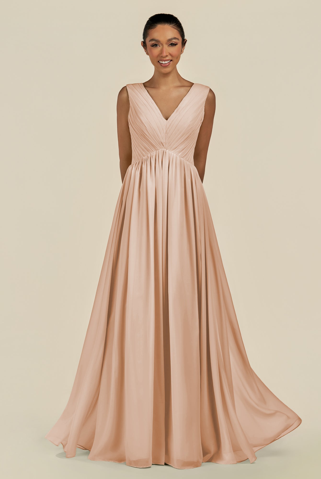 KissDress-Daryel Champagne Rose A Line Chiffon V Neck Pleated Long Bridesmaid Dress