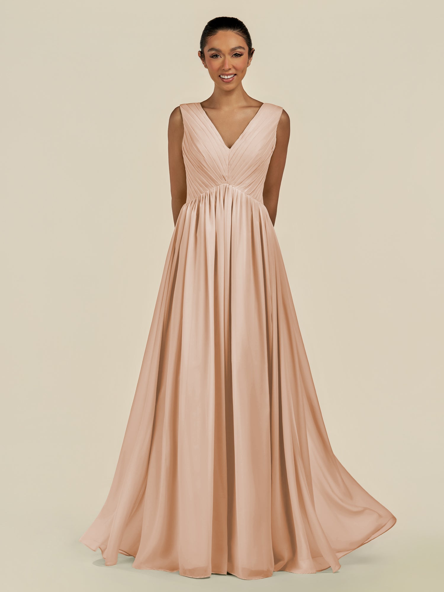KissDress-Daryel Champagne Rose A Line Chiffon V Neck Pleated Long Bridesmaid Dress