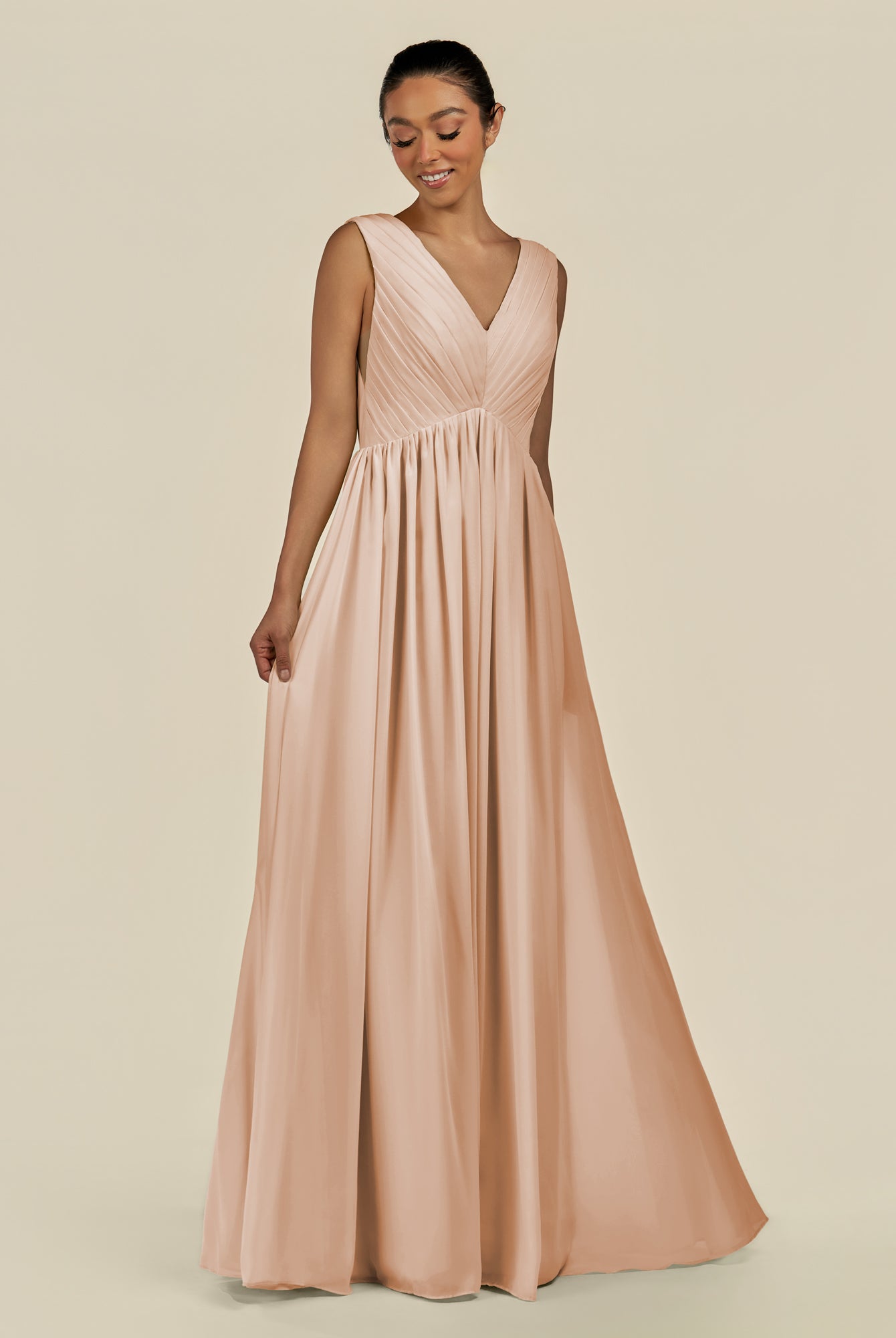 KissDress-Daryel Champagne Rose A Line Chiffon V Neck Pleated Long Bridesmaid Dress