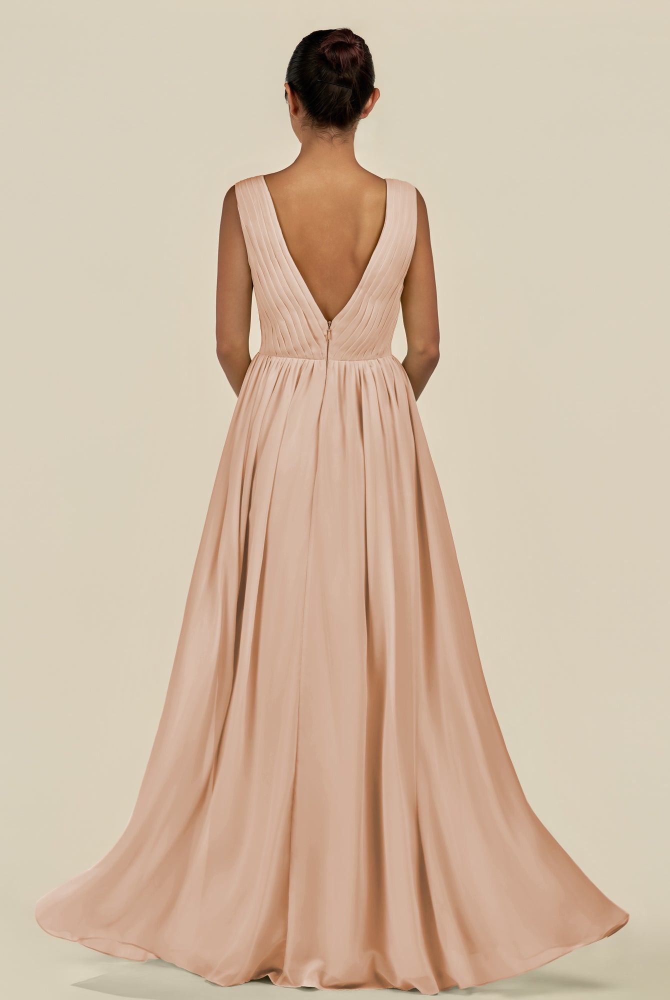 KissDress-Daryel Champagne Rose A Line Chiffon V Neck Pleated Long Bridesmaid Dress