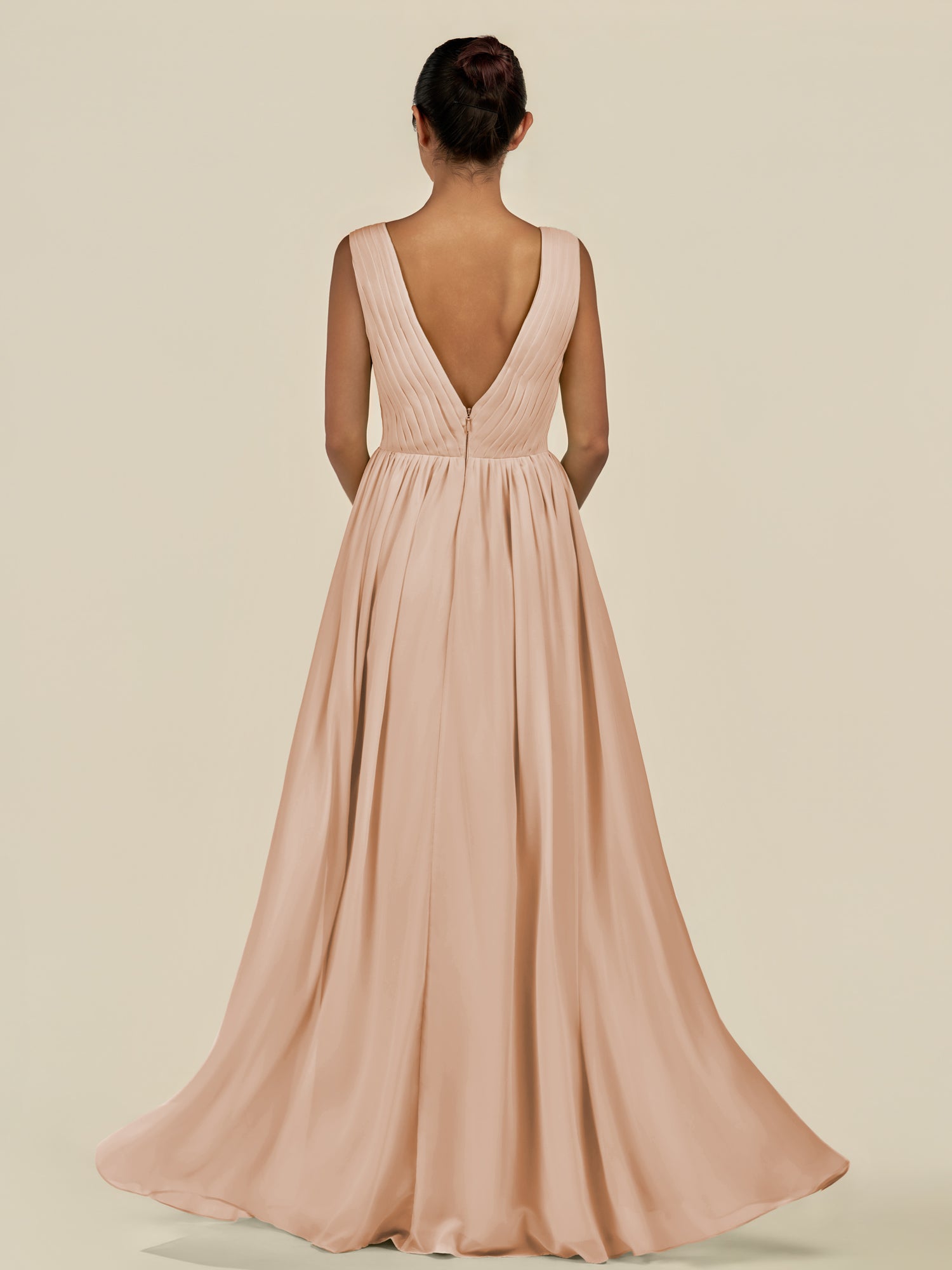 KissDress-Daryel Champagne Rose A Line Chiffon V Neck Pleated Long Bridesmaid Dress