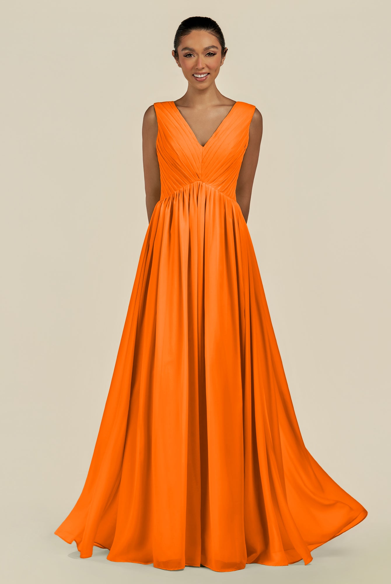 KissDress-Daryel Cinnamon A Line Chiffon V Neck Pleated Long Bridesmaid Dress