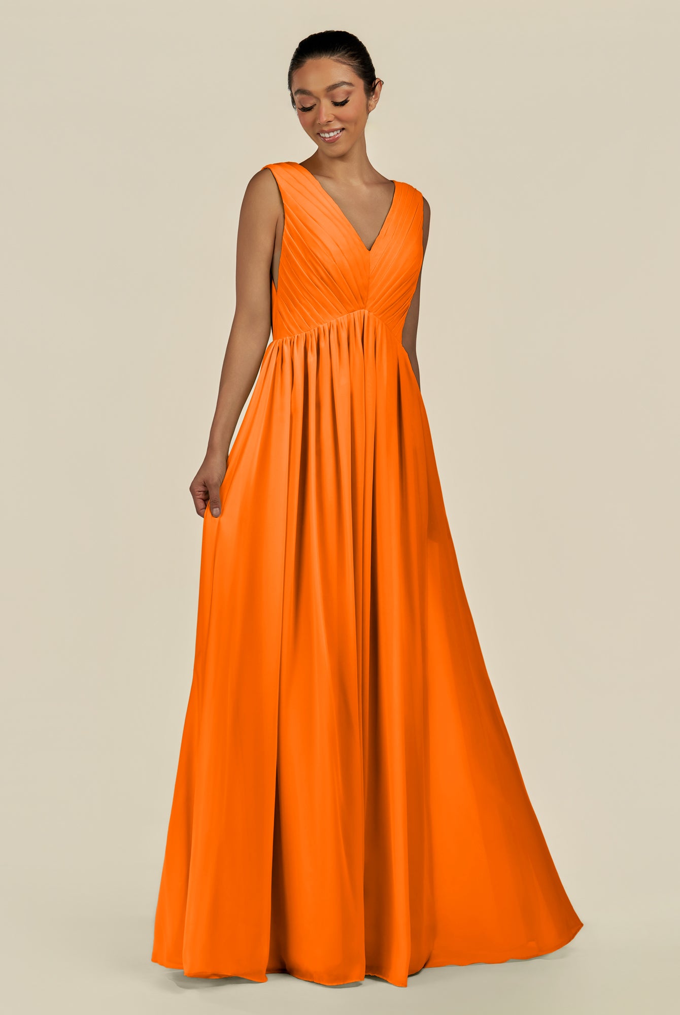 KissDress-Daryel Cinnamon A Line Chiffon V Neck Pleated Long Bridesmaid Dress