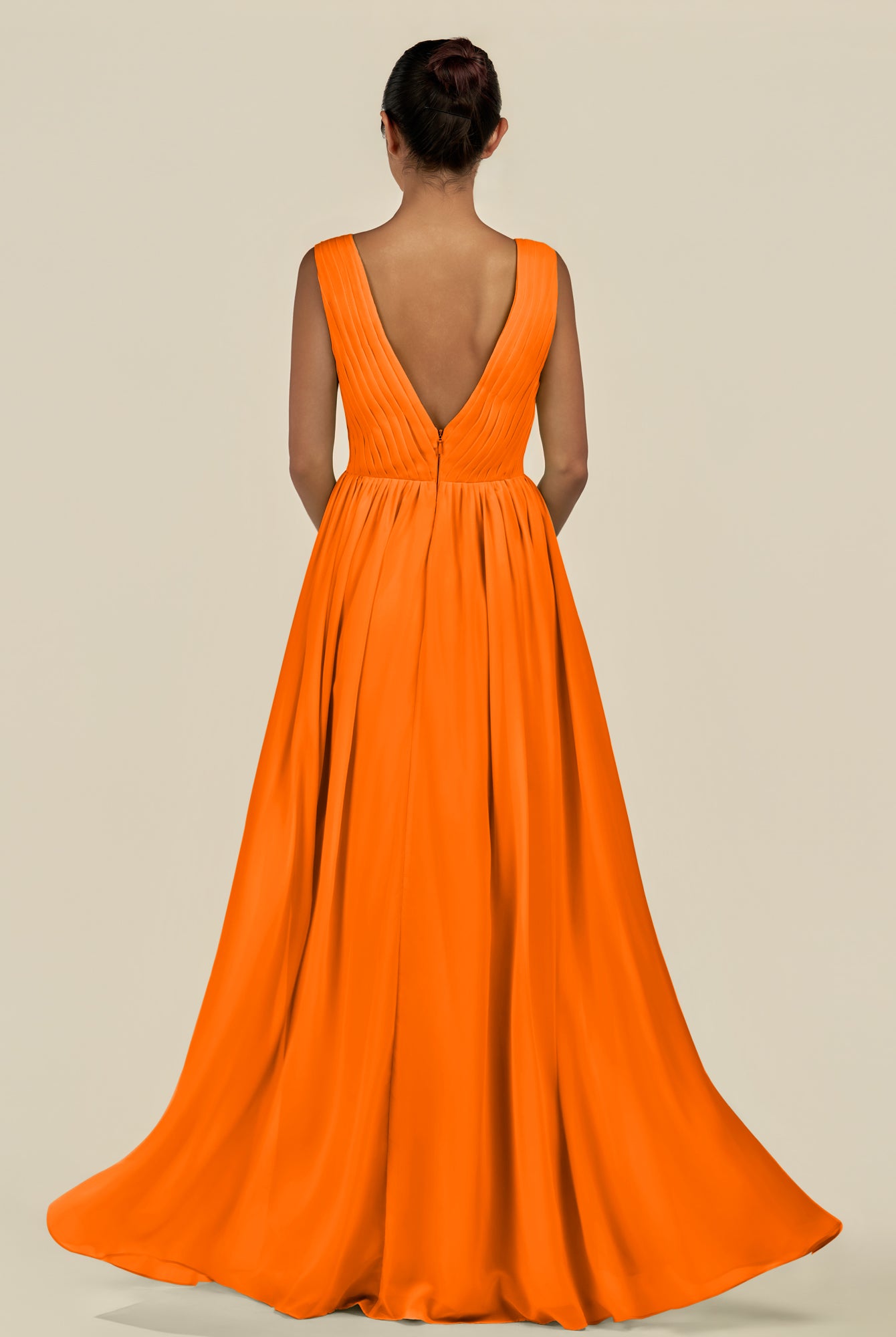 KissDress-Daryel Cinnamon A Line Chiffon V Neck Pleated Long Bridesmaid Dress