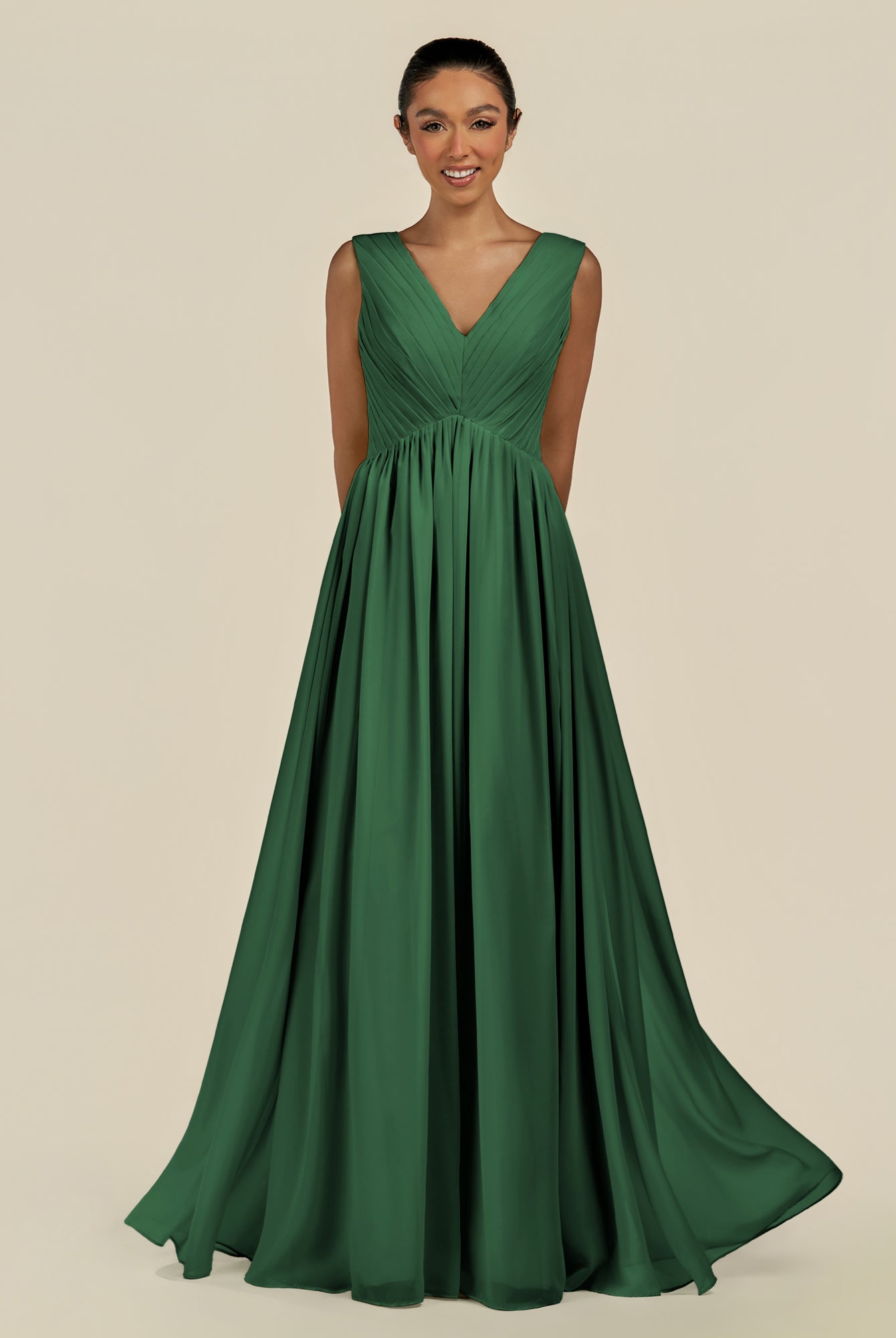KissDress-Daryel Dark Green A Line Chiffon V Neck Pleated Long Bridesmaid Dress