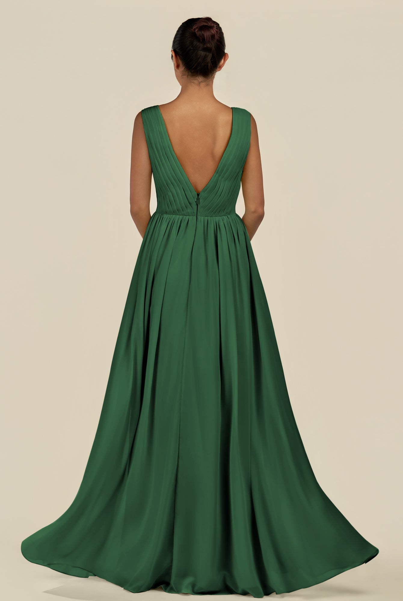 KissDress-Daryel Dark Green A Line Chiffon V Neck Pleated Long Bridesmaid Dress