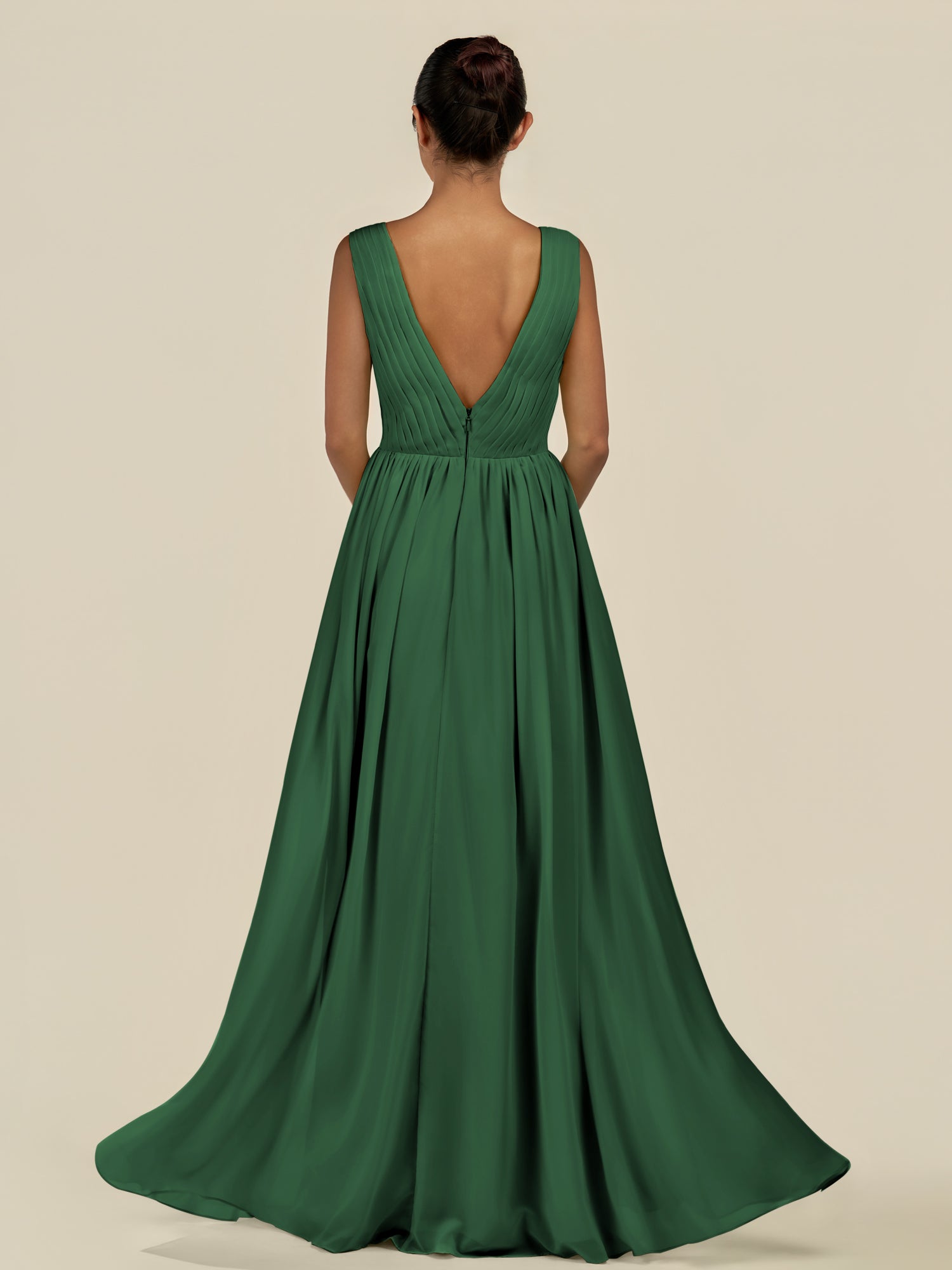 KissDress-Daryel Dark Green A Line Chiffon V Neck Pleated Long Bridesmaid Dress