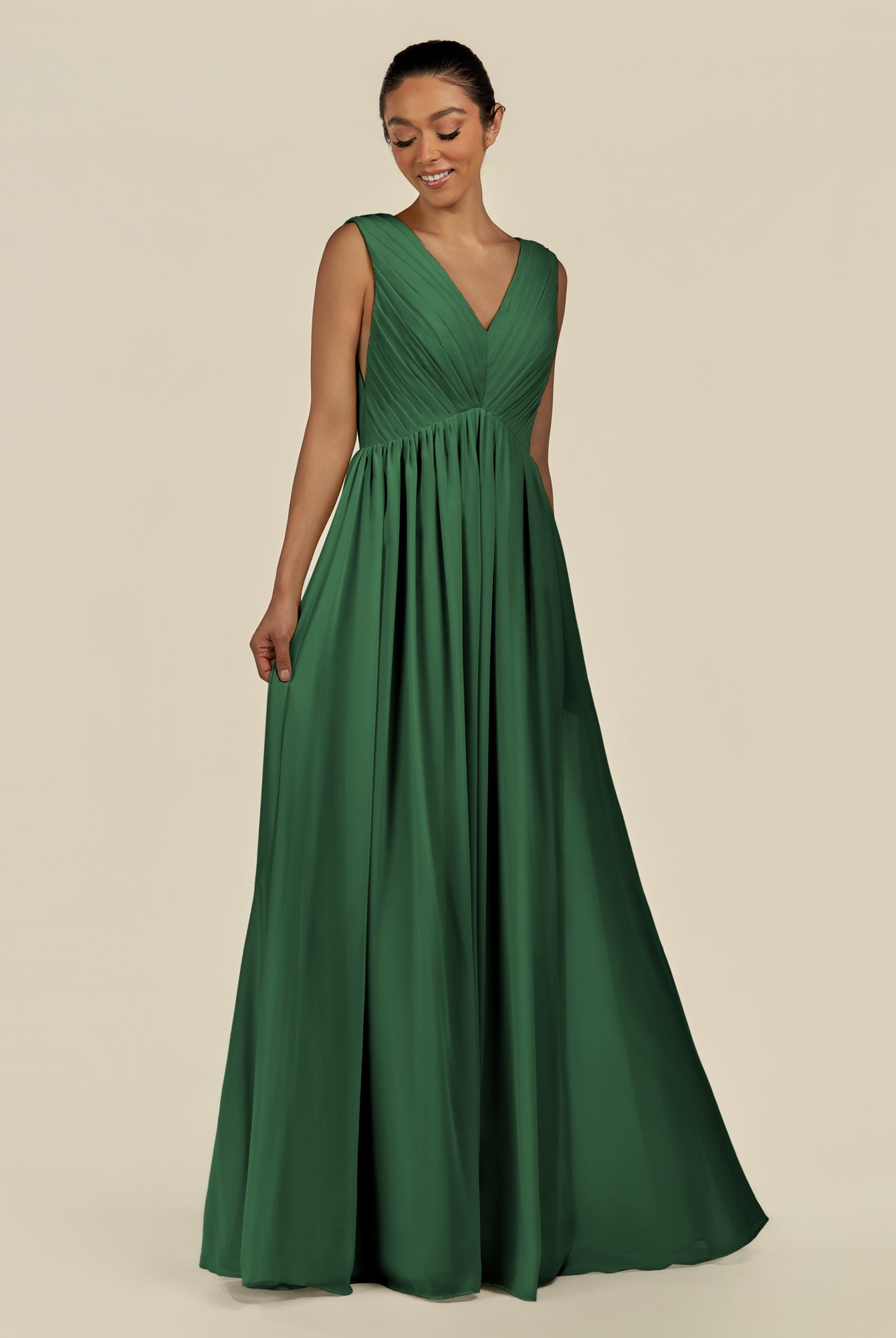 KissDress-Daryel Dark Green A Line Chiffon V Neck Pleated Long Bridesmaid Dress