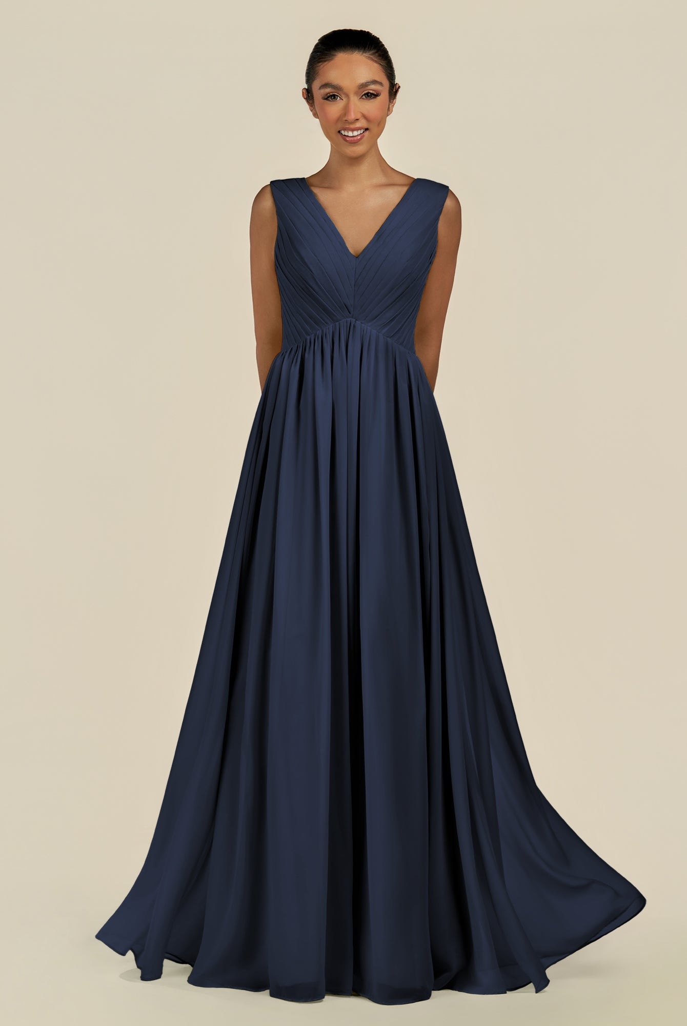 KissDress-Daryel Dark Navy A Line Chiffon V Neck Pleated Long Bridesmaid Dress