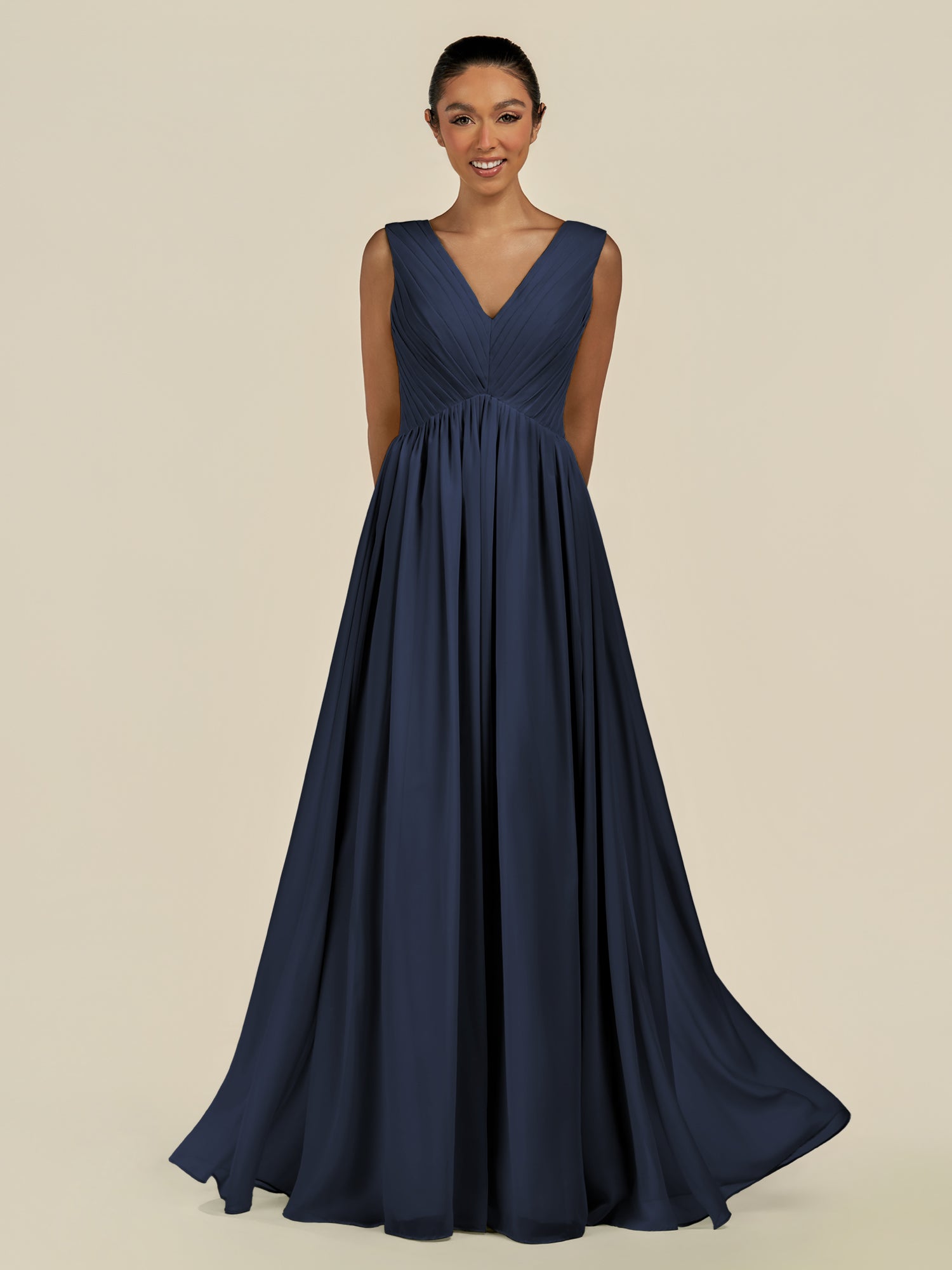 KissDress-Daryel Dark Navy A Line Chiffon V Neck Pleated Long Bridesmaid Dress