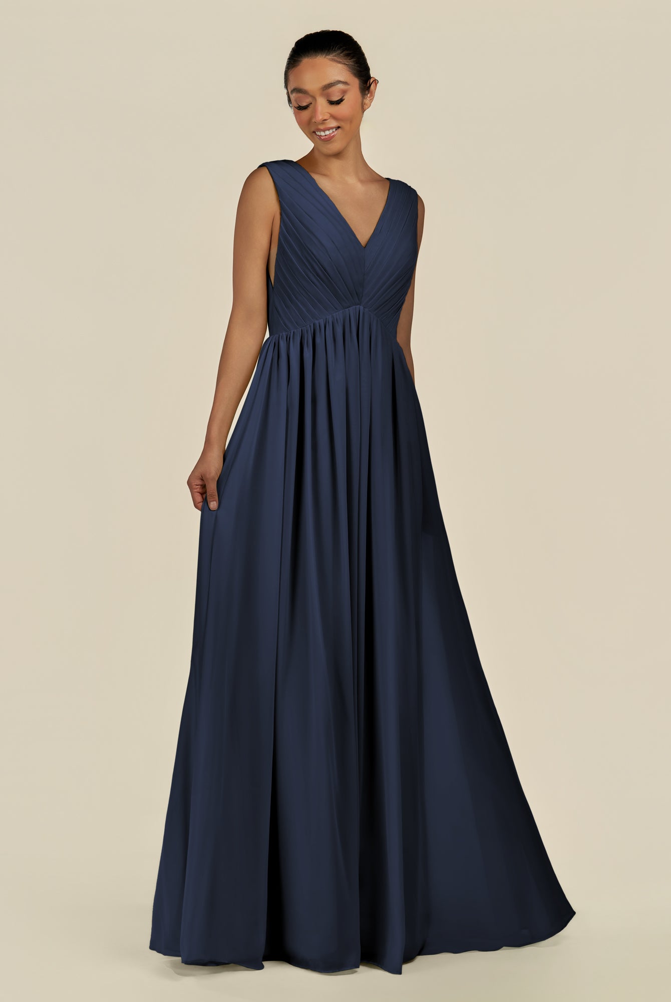 KissDress-Daryel Dark Navy A Line Chiffon V Neck Pleated Long Bridesmaid Dress