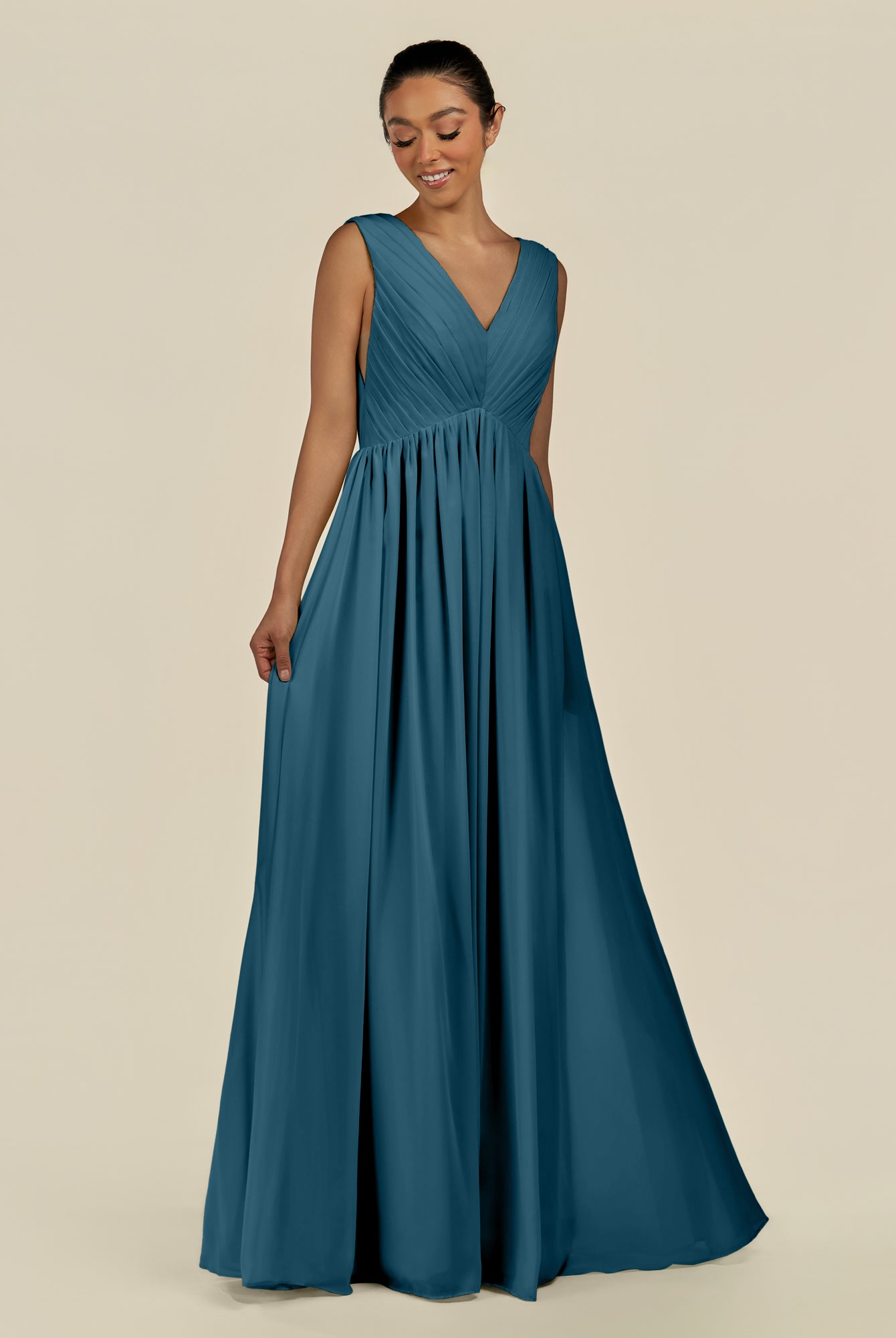 KissDress-Daryel Dark Teal A Line Chiffon V Neck Pleated Long Bridesmaid Dress