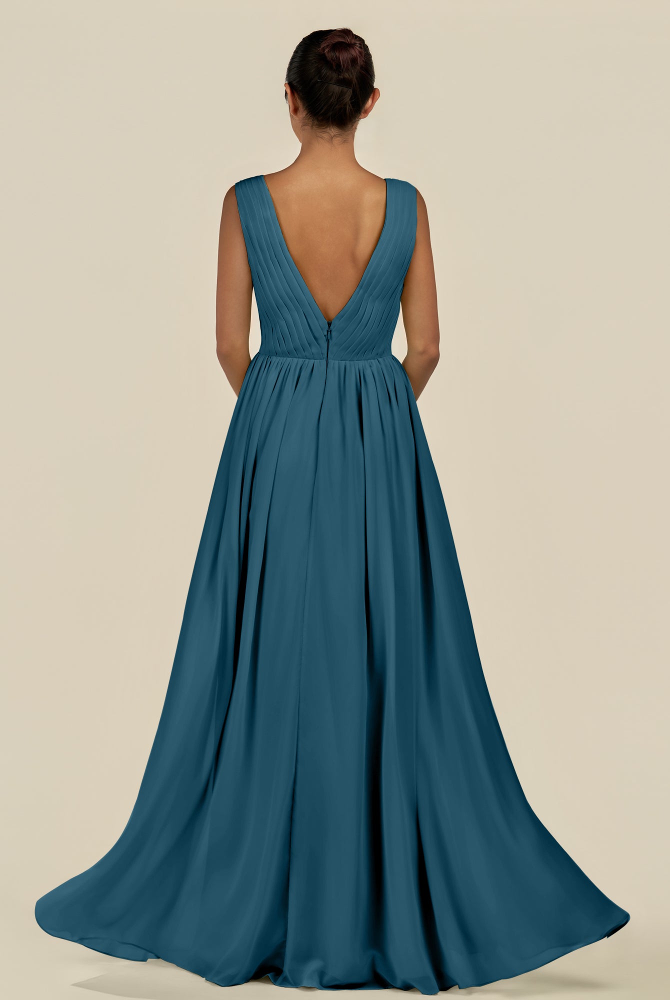 KissDress-Daryel Dark Teal A Line Chiffon V Neck Pleated Long Bridesmaid Dress